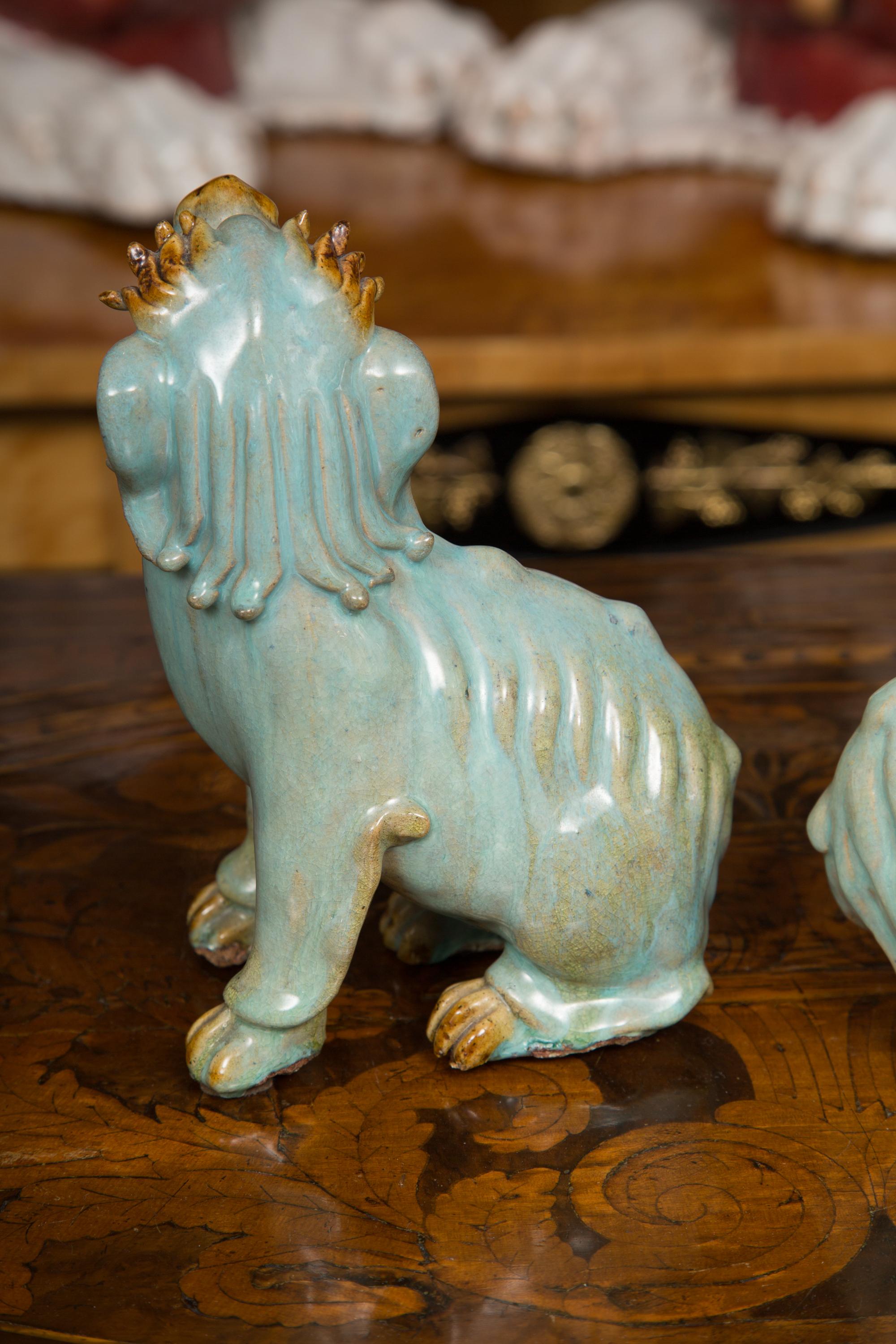 Pair of Chinese Glazed Bearded Dogs with Glass Inset Eyes In Good Condition In WEST PALM BEACH, FL