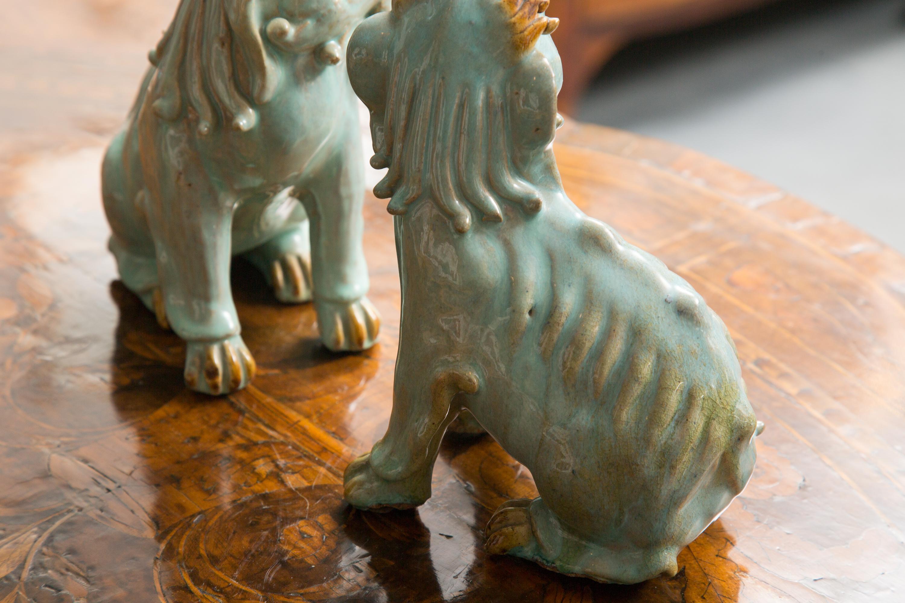 20th Century Pair of Chinese Glazed Bearded Dogs with Glass Inset Eyes