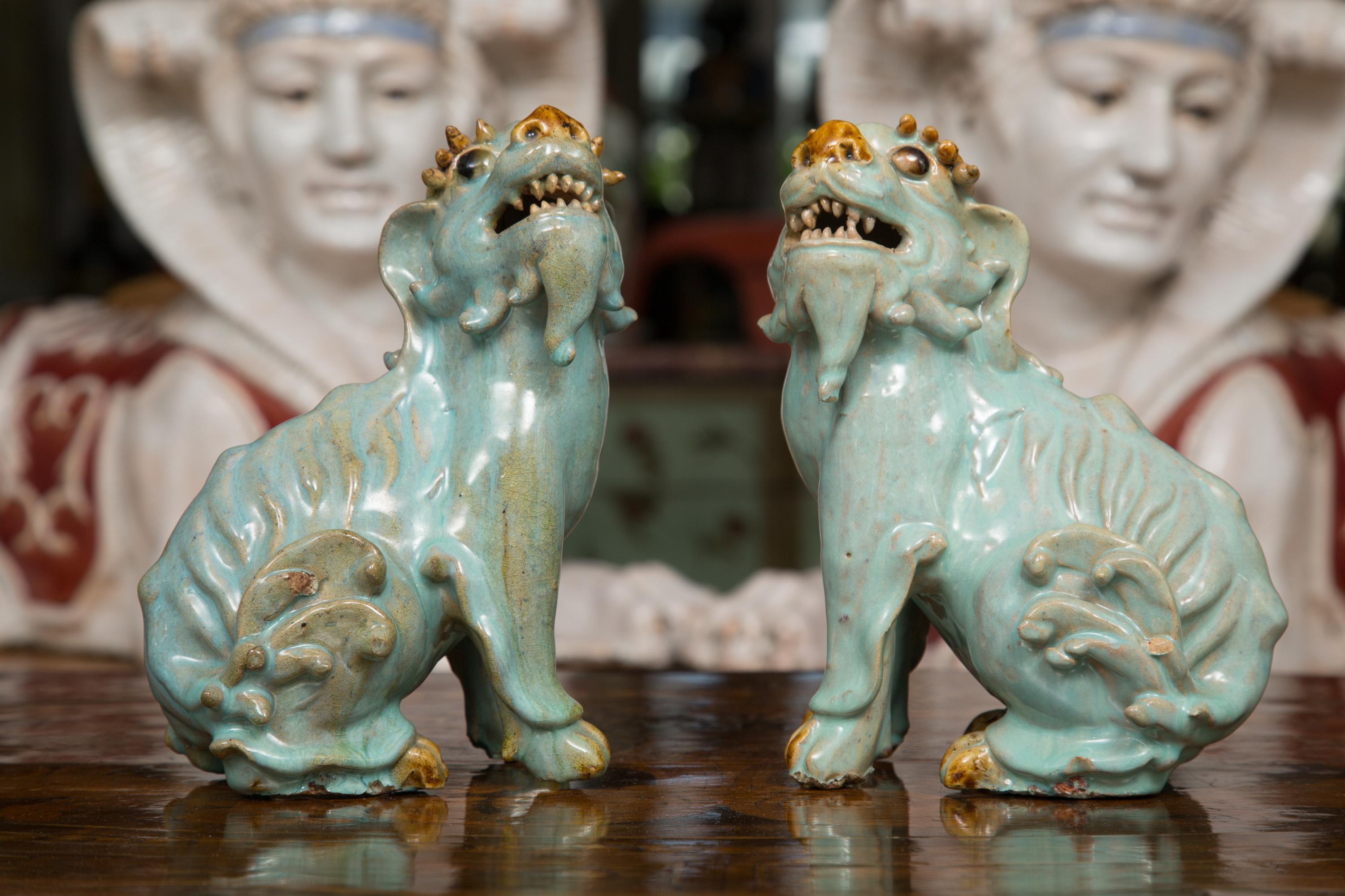 Pair of Chinese Glazed Bearded Dogs with Glass Inset Eyes 3