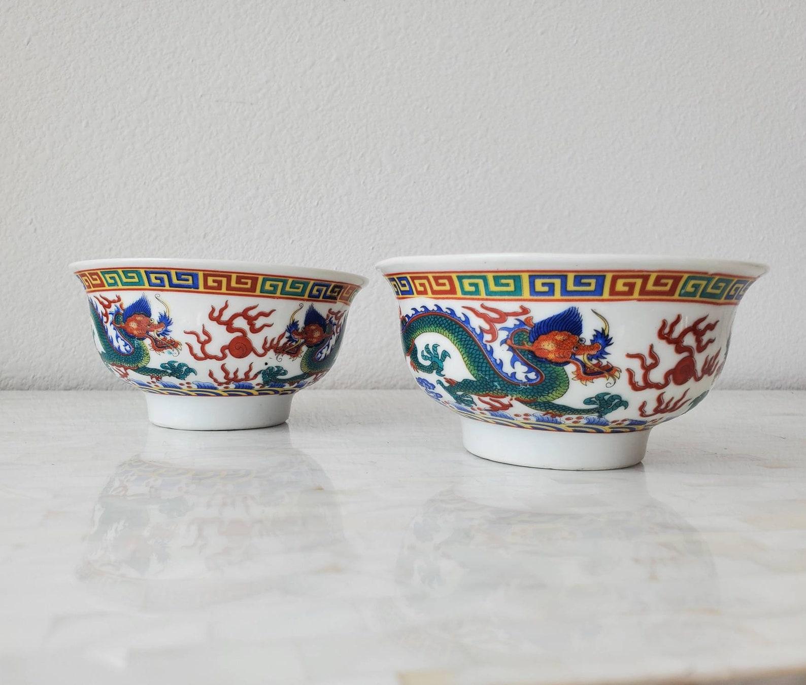 Asian Pair of Chinese Glazed Porcelain Dragon Wucai Bowls