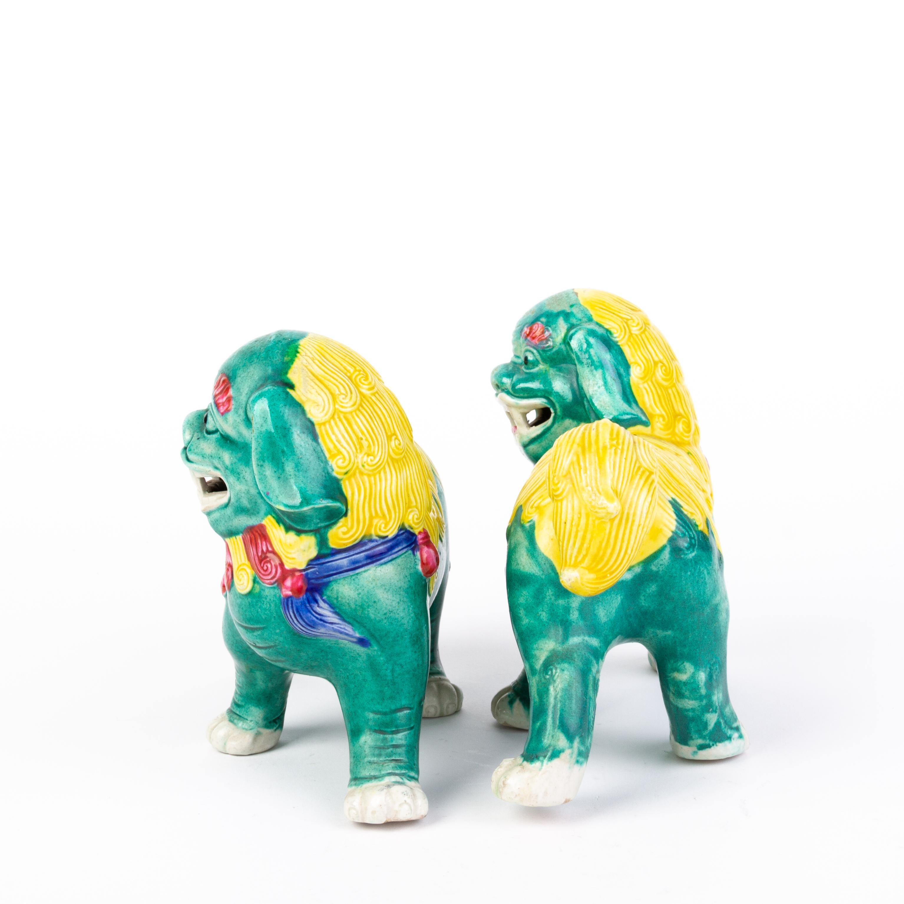 19th Century Pair of Chinese Glazed Pottery Temple Foo Dogs 