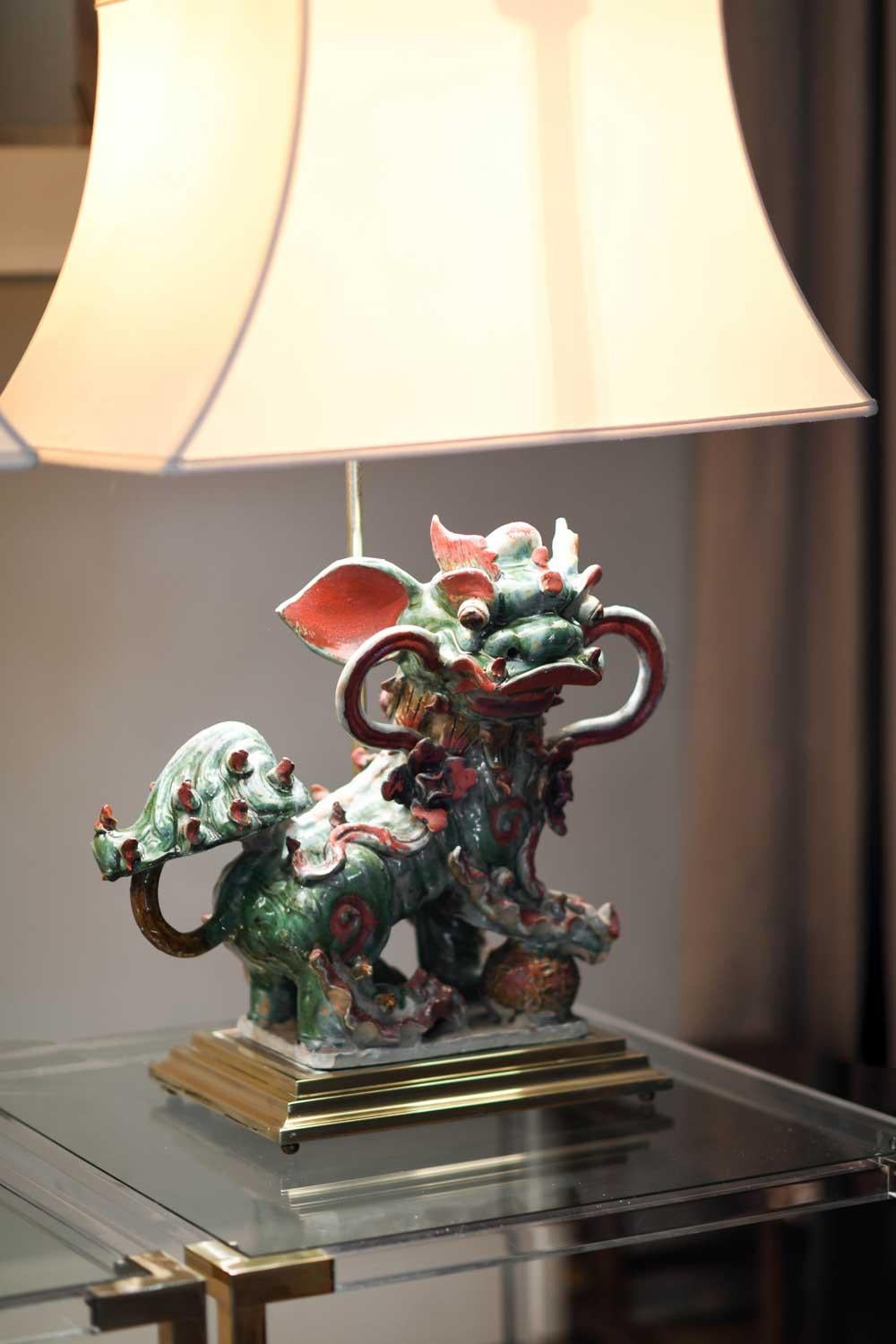 Brass Set of 2 Chinese Glazed Stoneware Buddhist Lions Lamp on brass base