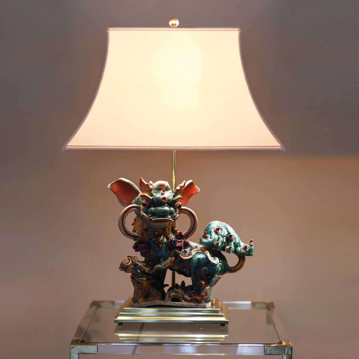 Set of 2 Lamps with Glazed Ceramic Pho Dogs 1