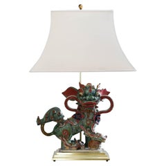 Vintage Pair of  Chinese Glazed Stoneware Buddhist Lions Lamp on brass base
