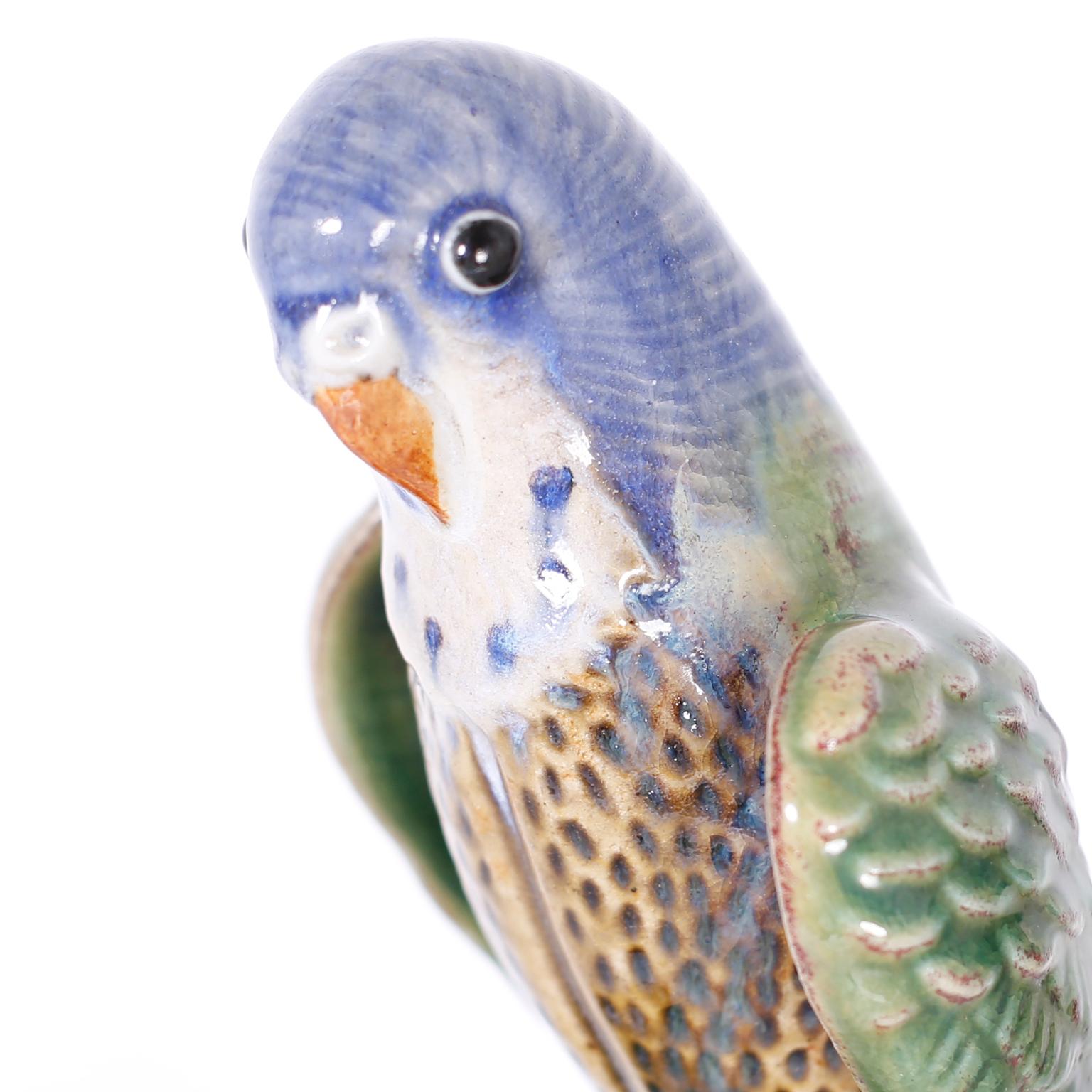 20th Century Pair of Chinese Glazed Terra Cotta Birds or Parakeets For Sale