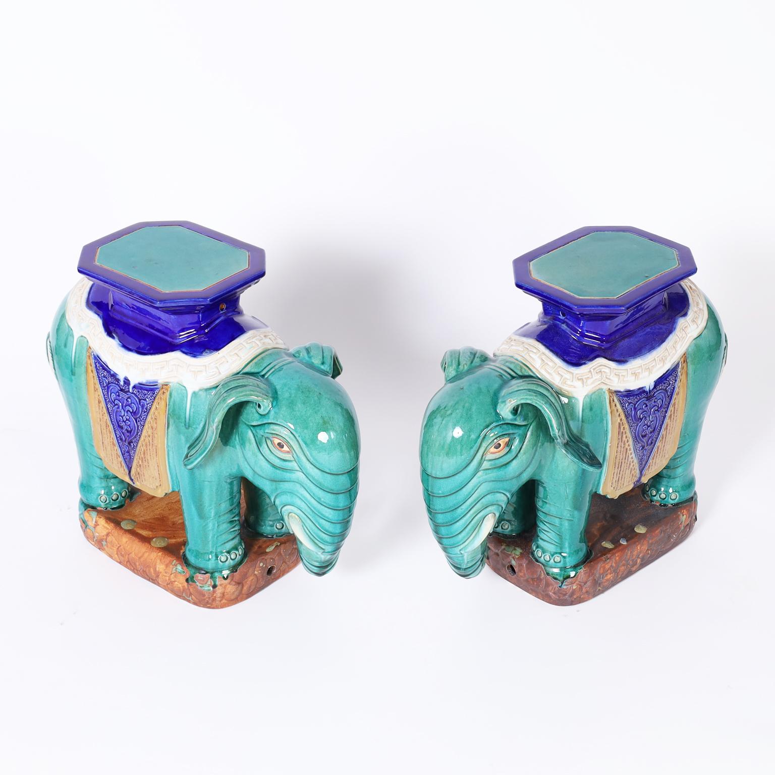British Colonial Pair of Chinese Glazed Terra Cotta Elephant Garden Seats