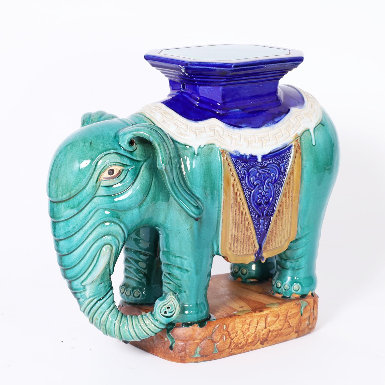 Pair of Chinese Glazed Terra Cotta Elephant Garden Seats In Good Condition In Palm Beach, FL