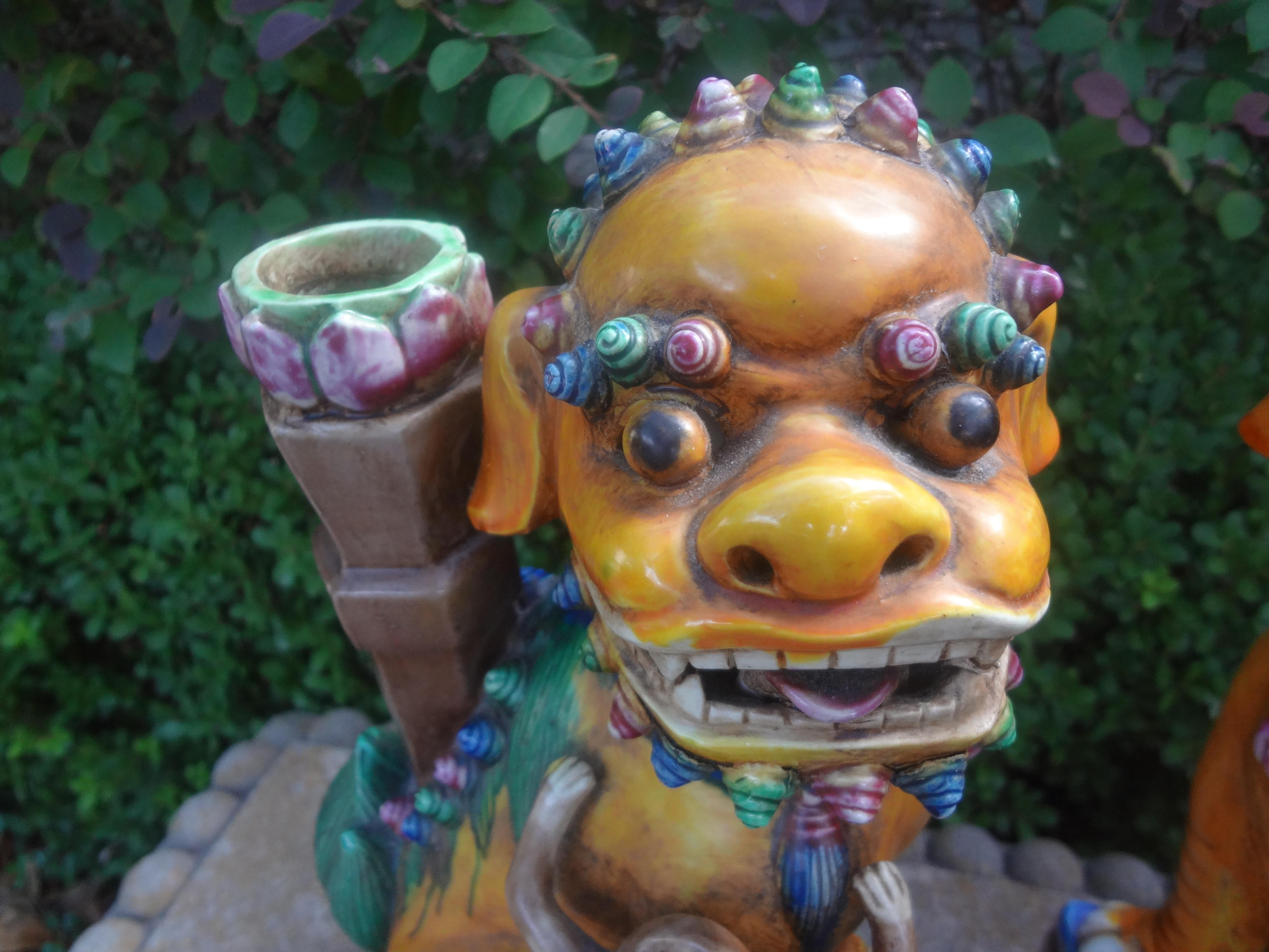 Chinese Export Pair of Chinese Glazed Terracotta Foo Dogs  For Sale