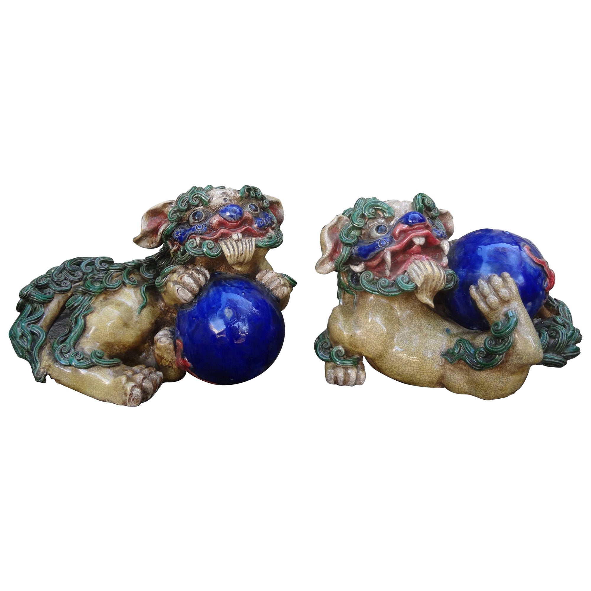 Pair Of Chinese Glazed Terracotta Foo Dogs