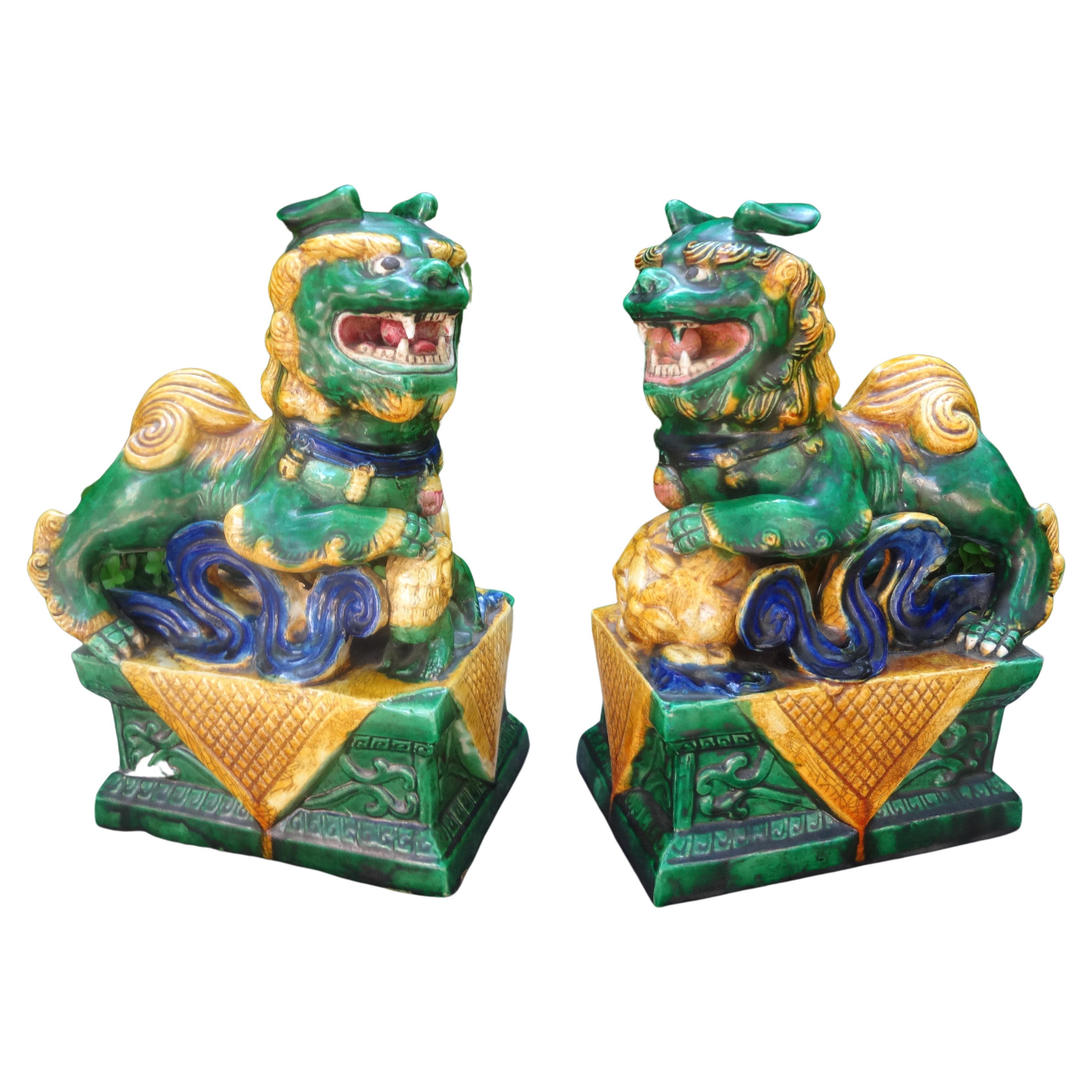 Pair of Chinese Glazed Terracotta Foo Dogs or Foo Lions.
Stunning nice scale pair of 20th century Chinese foo dogs or foo lions. This great pair of Chinese export foo dogs were executed in beautiful colors and feature a male and a female. 
Lovely