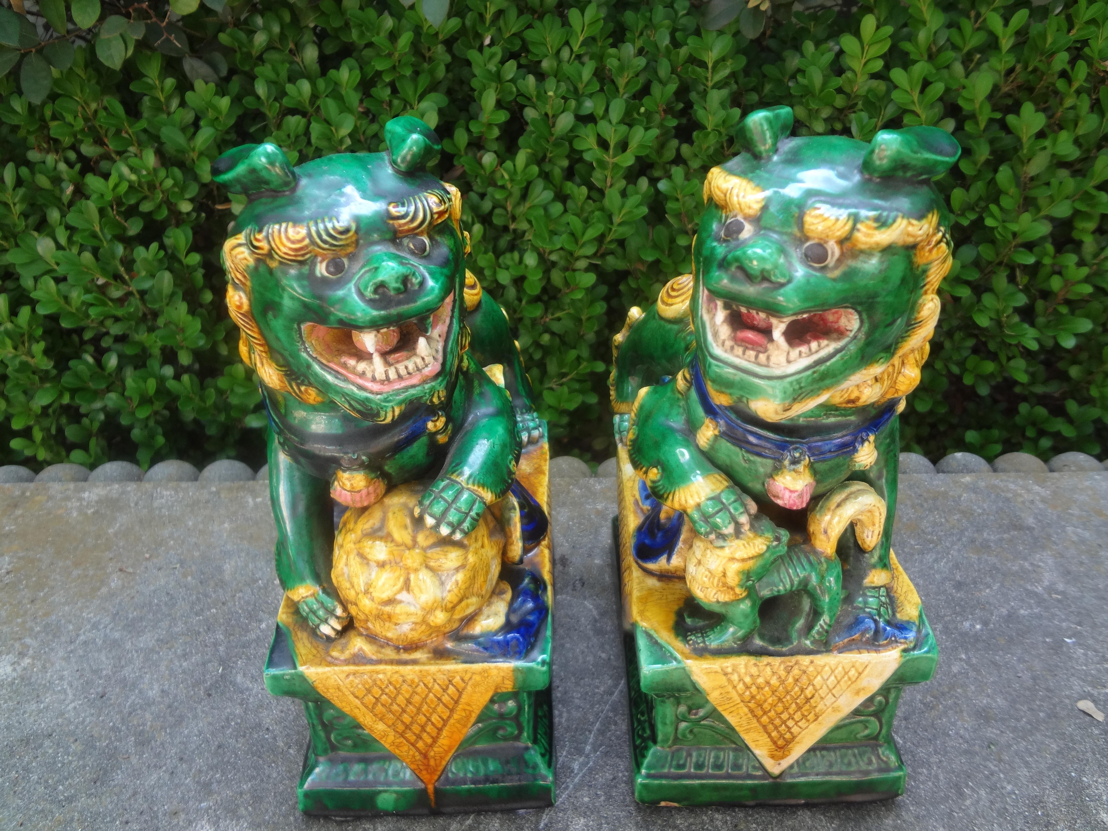Chinese Export Pair of Chinese Glazed Terracotta Foo Dogs or Foo Lions For Sale