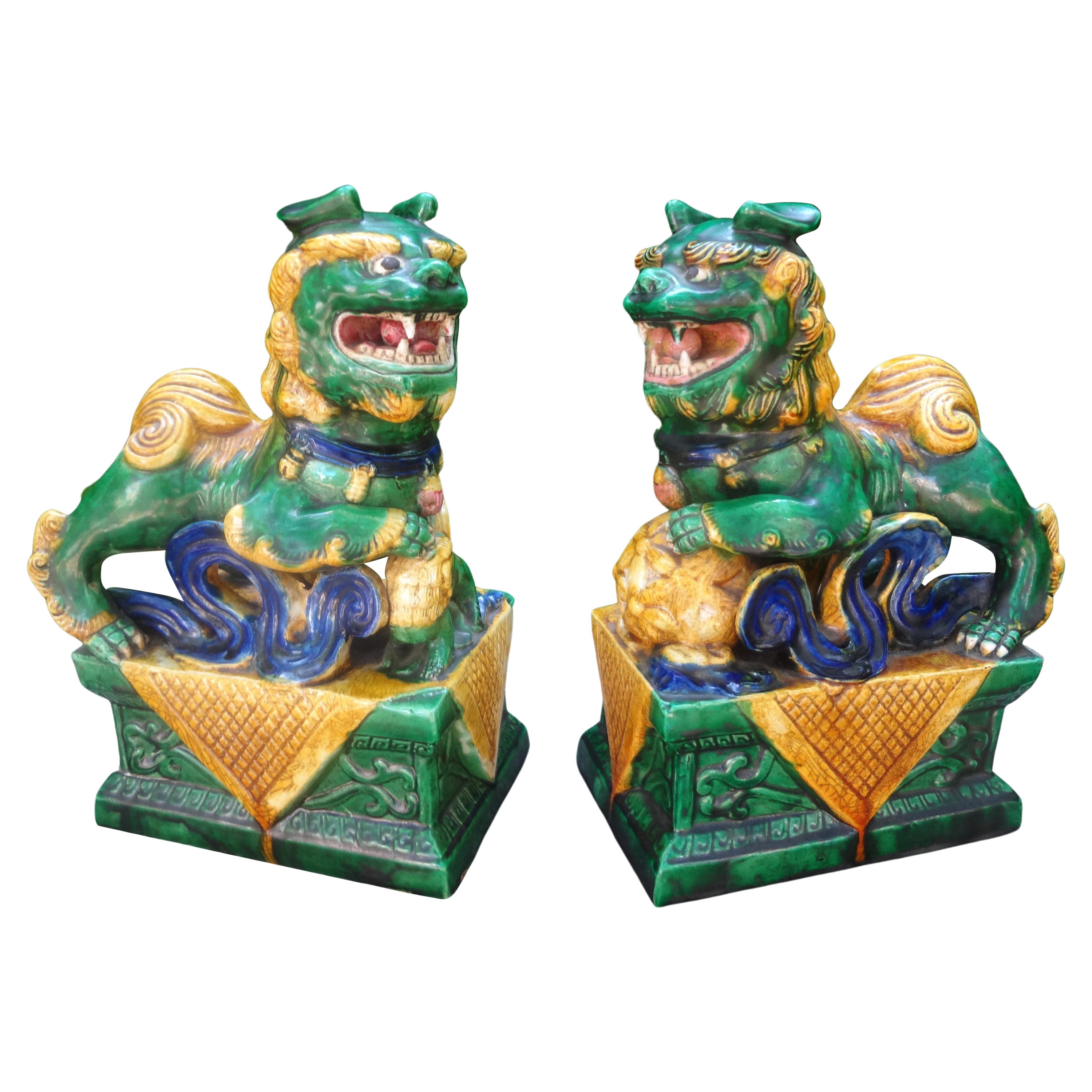 Pair of Chinese Glazed Terracotta Foo Dogs or Foo Lions