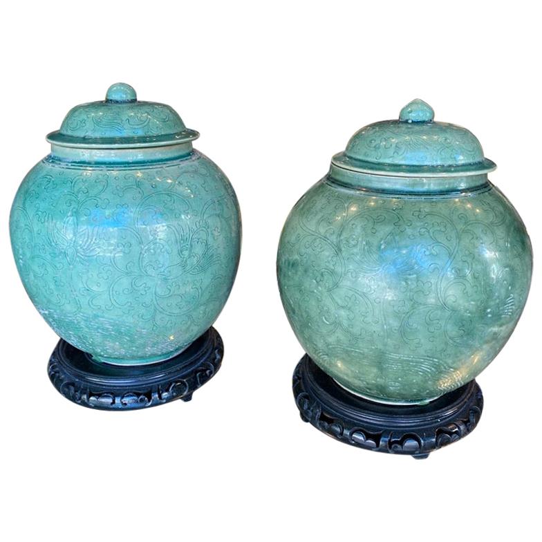 Pair of Chinese Glazed Vessels/Jars with Lids
