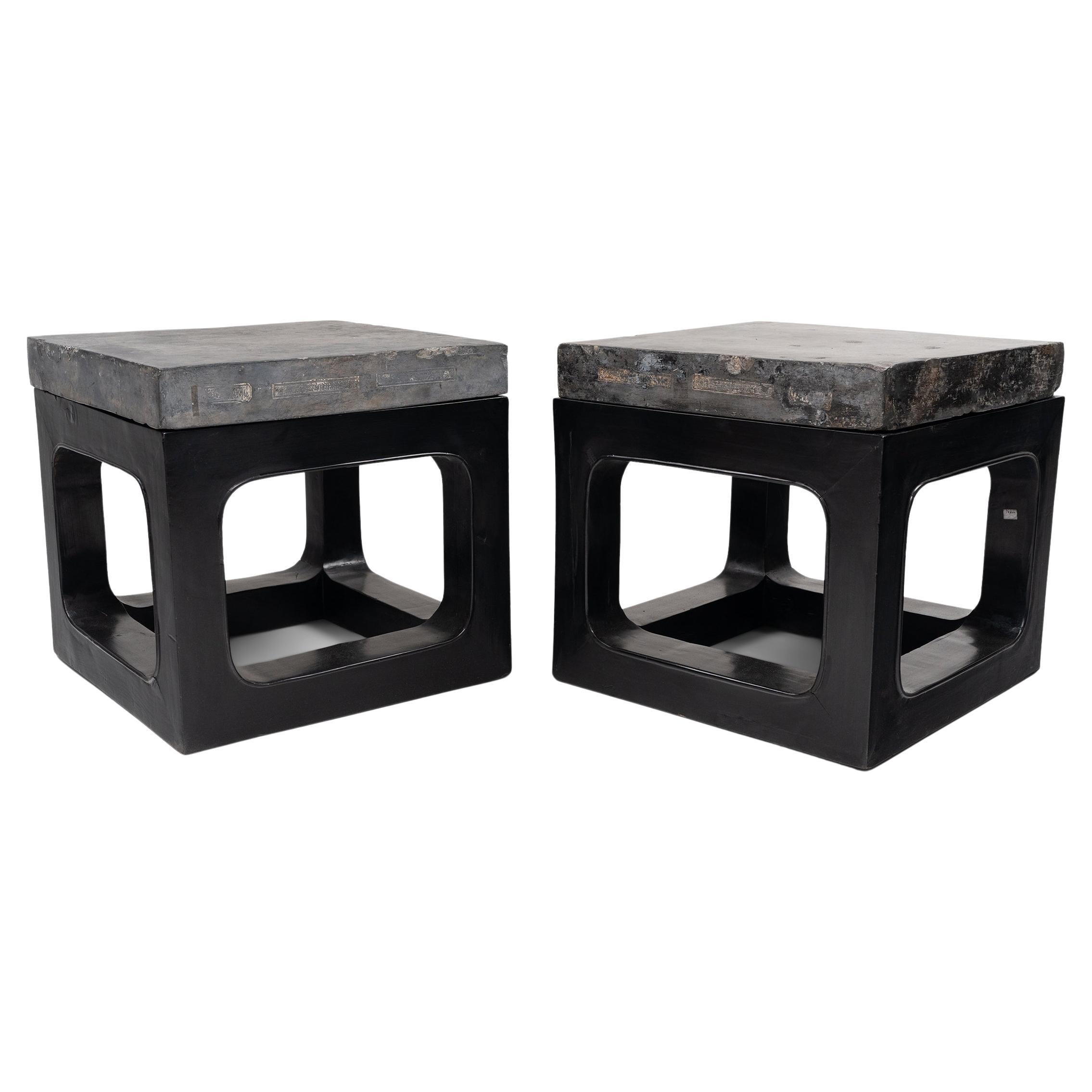 Pair of Chinese Golden Brick Side Tables, 19th Century