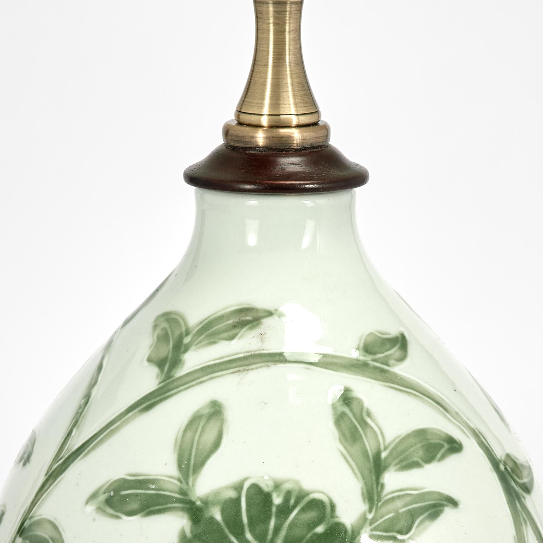 Chinese Export Pair of Chinese Green and White Porcelain Double Gourd Table Lamps