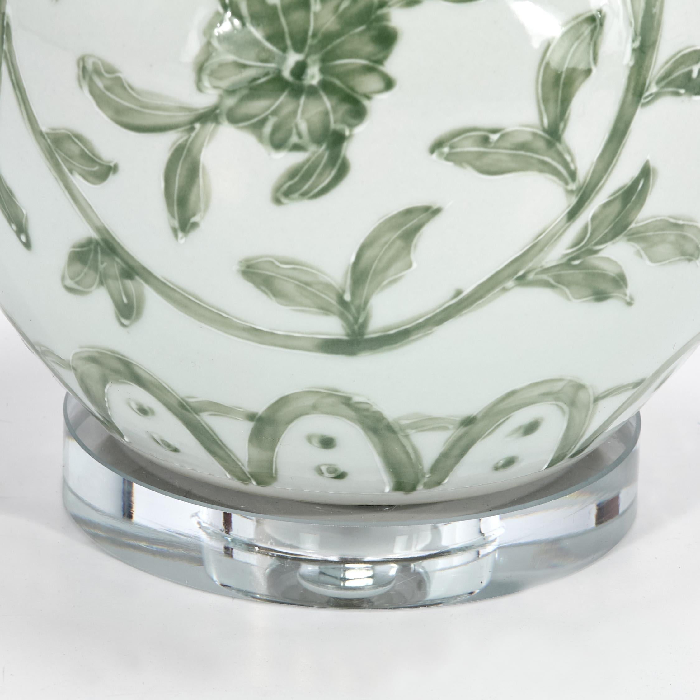 Pair of Chinese Green and White Porcelain Double Gourd Table Lamps 1