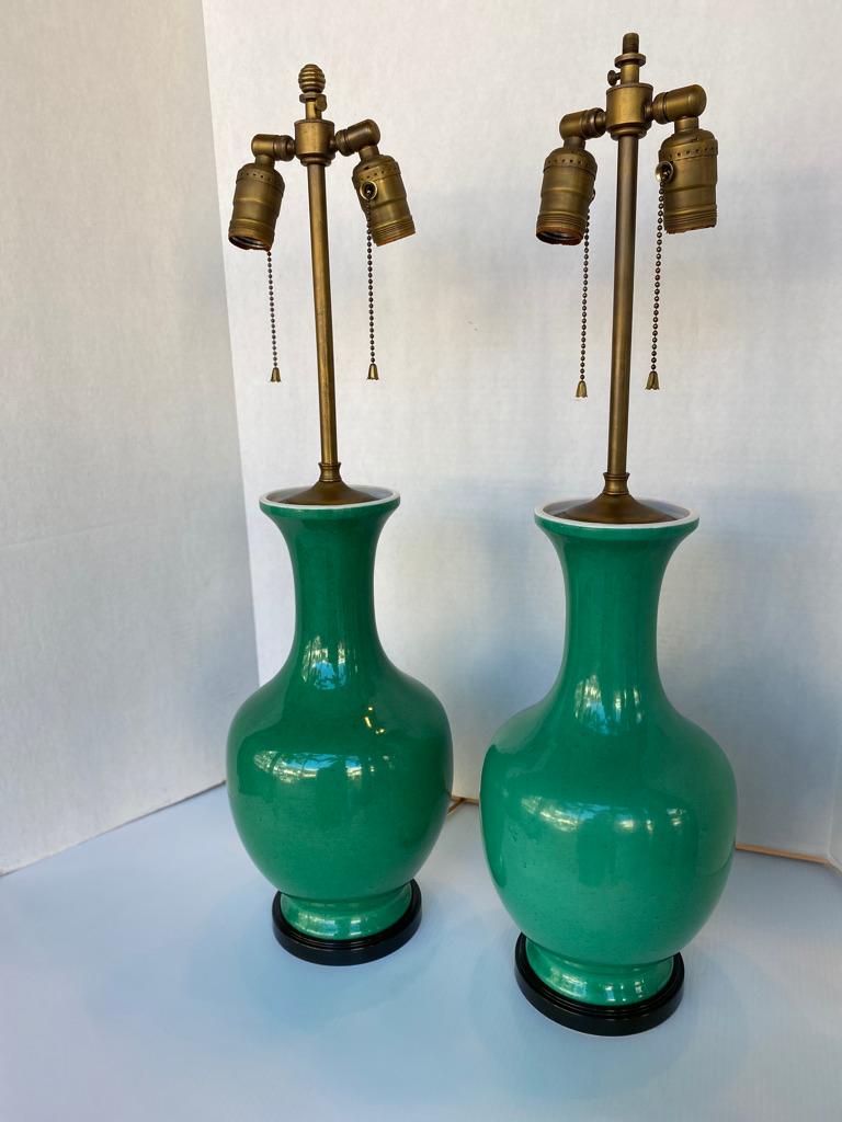 Chinese Export Pair of Chinese Green Bottleneck Lamps For Sale