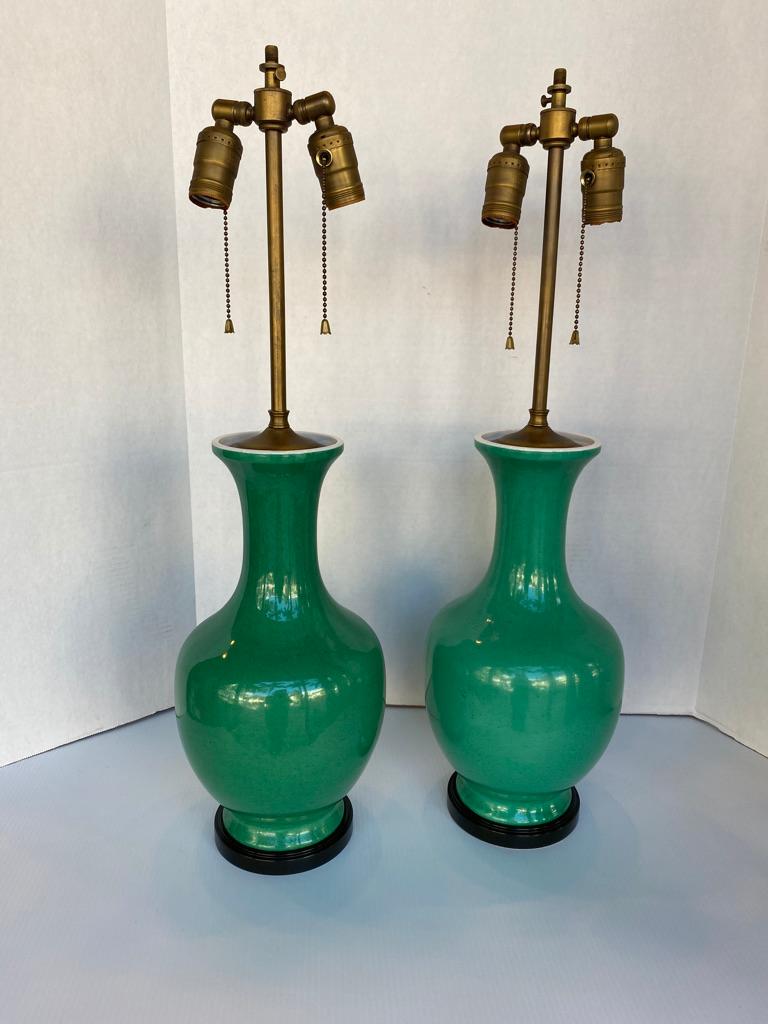 Molded Pair of Chinese Green Bottleneck Lamps For Sale