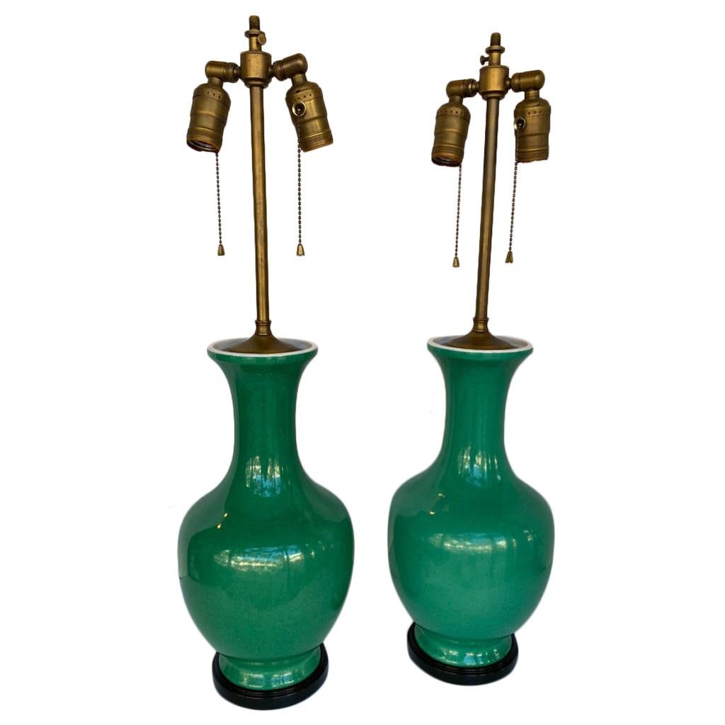 Pair of Chinese Green Bottleneck Lamps For Sale