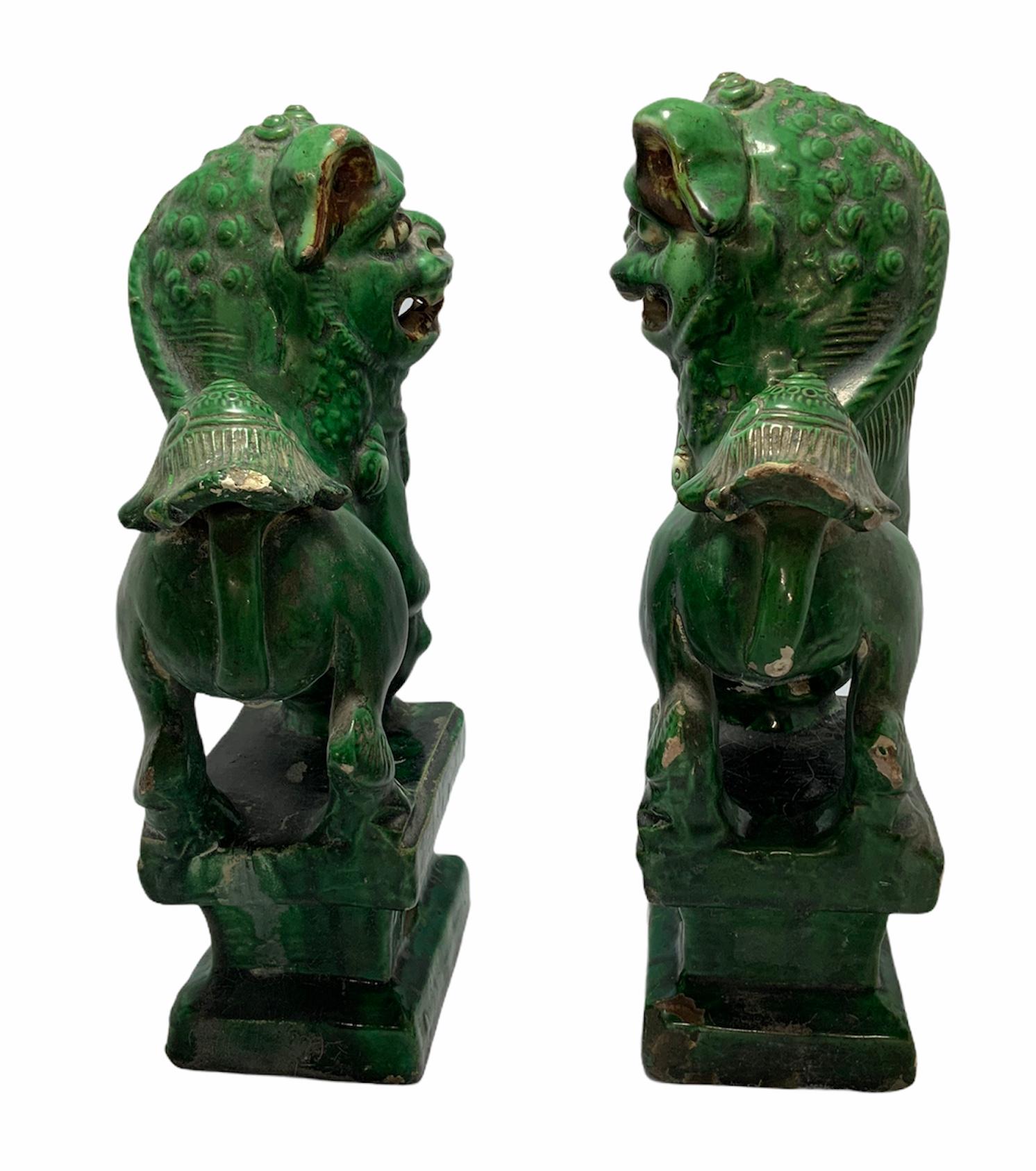 Pair of Chinese Green Ceramic Foo Dogs or Guardian Lions 6