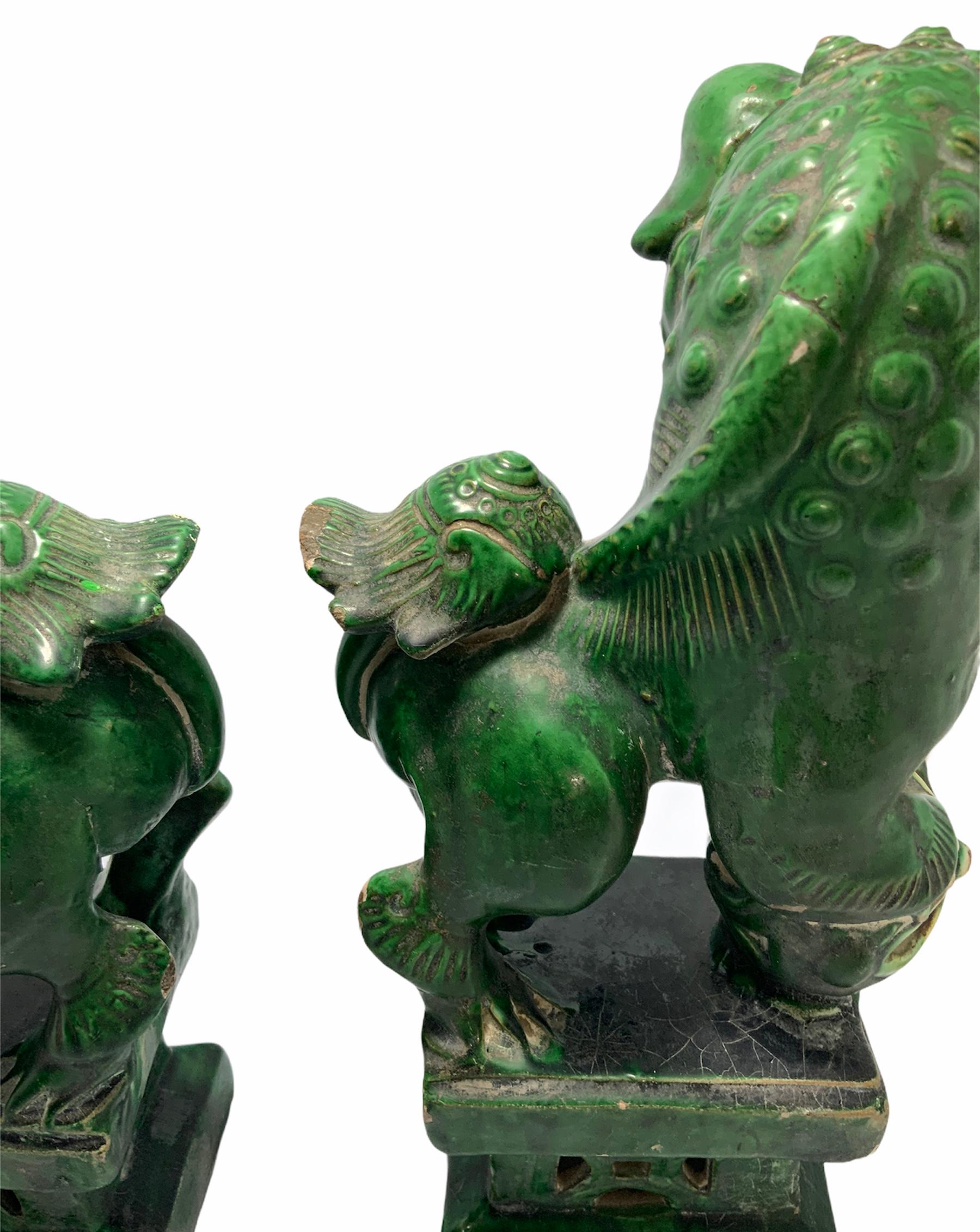 Pair of Chinese Green Ceramic Foo Dogs or Guardian Lions 7