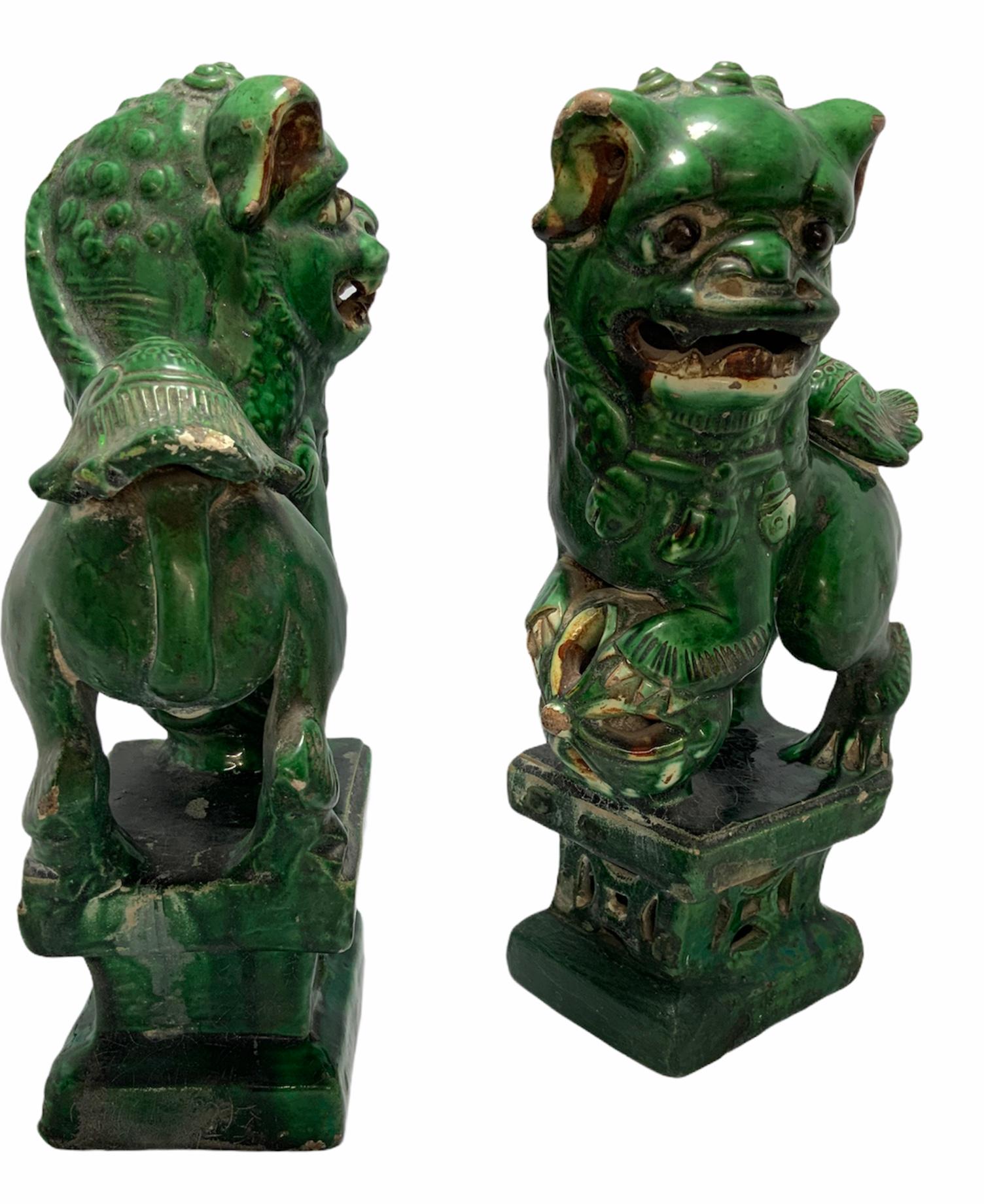 Pair of Chinese Green Ceramic Foo Dogs or Guardian Lions 8