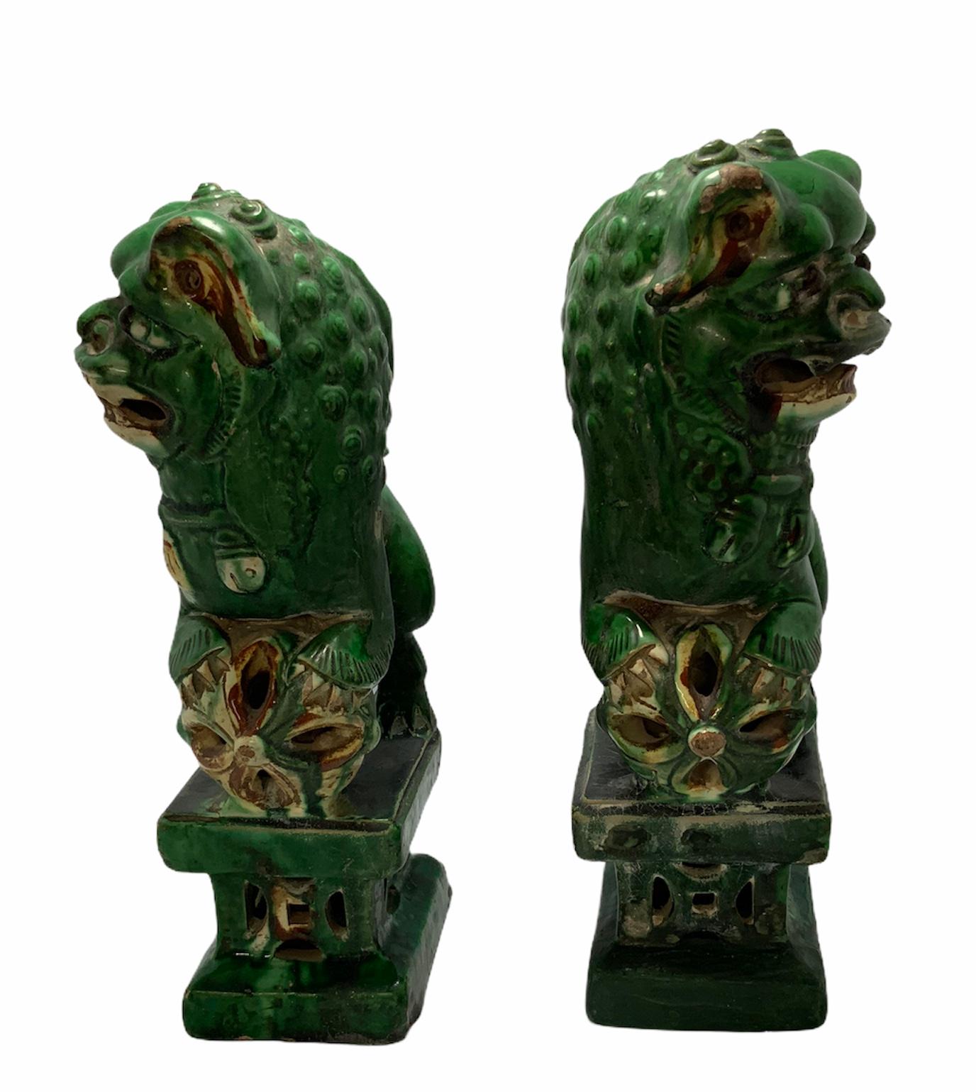 Chinese Export Pair of Chinese Green Ceramic Foo Dogs or Guardian Lions