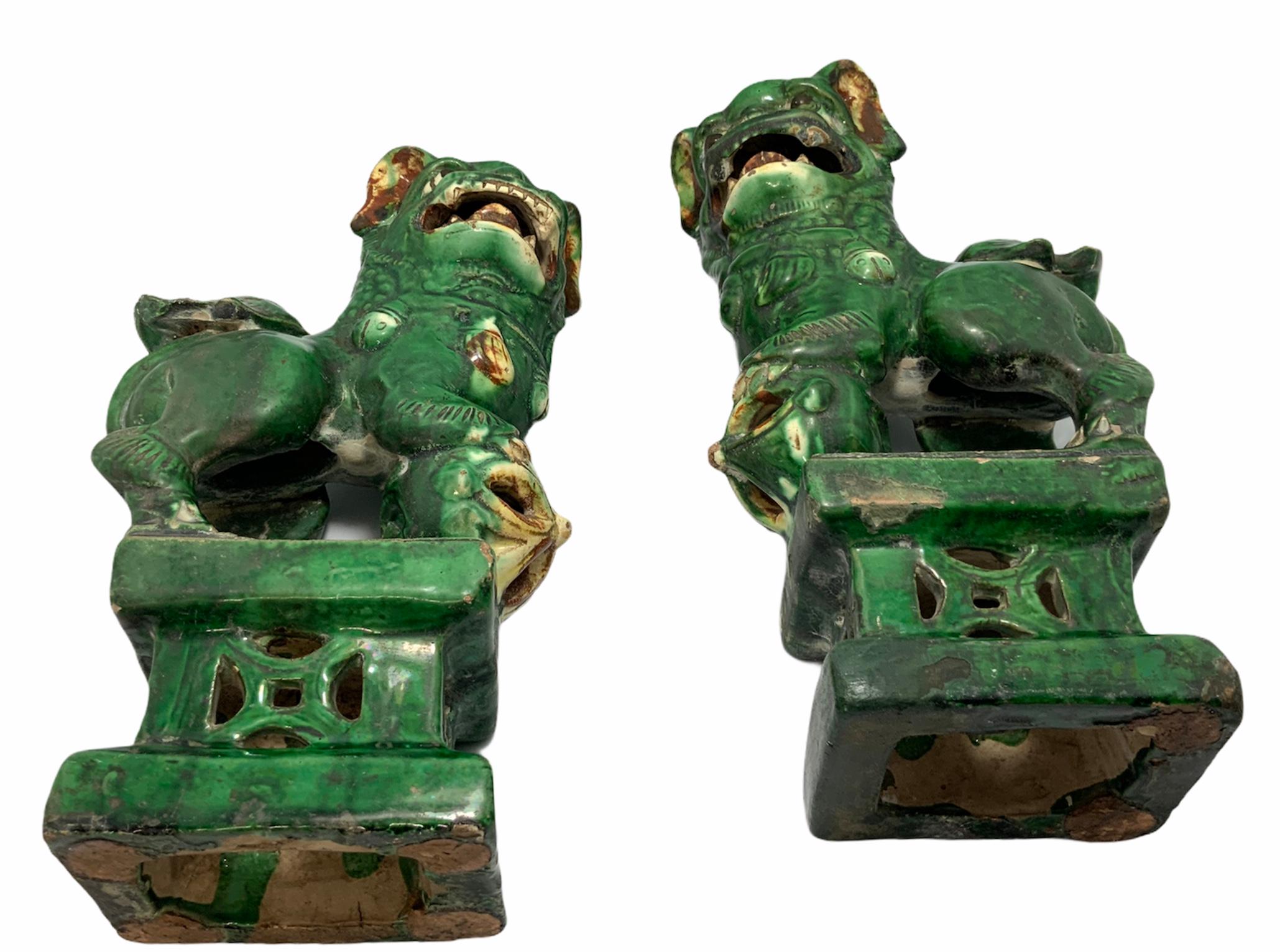 Hand-Painted Pair of Chinese Green Ceramic Foo Dogs or Guardian Lions