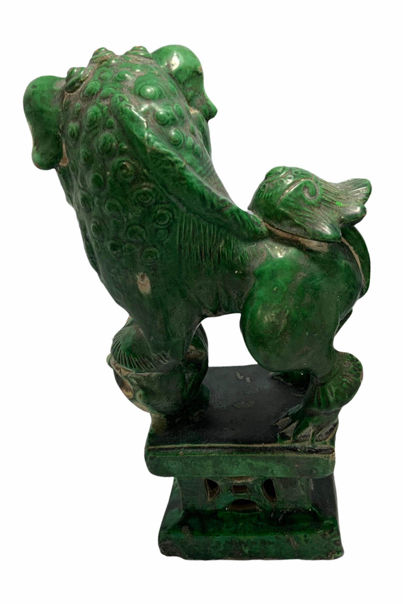 20th Century Pair of Chinese Green Ceramic Foo Dogs or Guardian Lions