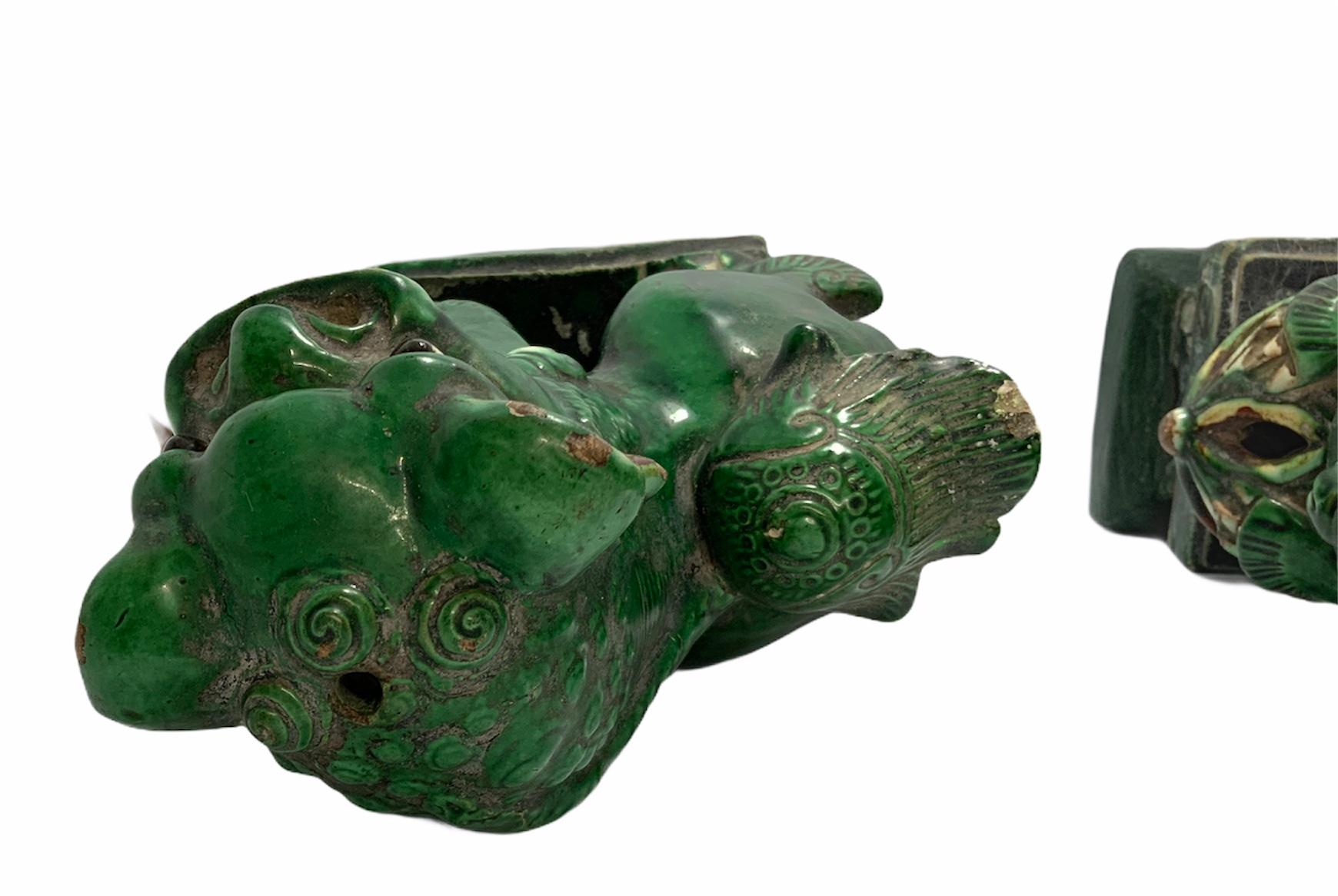 Pair of Chinese Green Ceramic Foo Dogs or Guardian Lions 1
