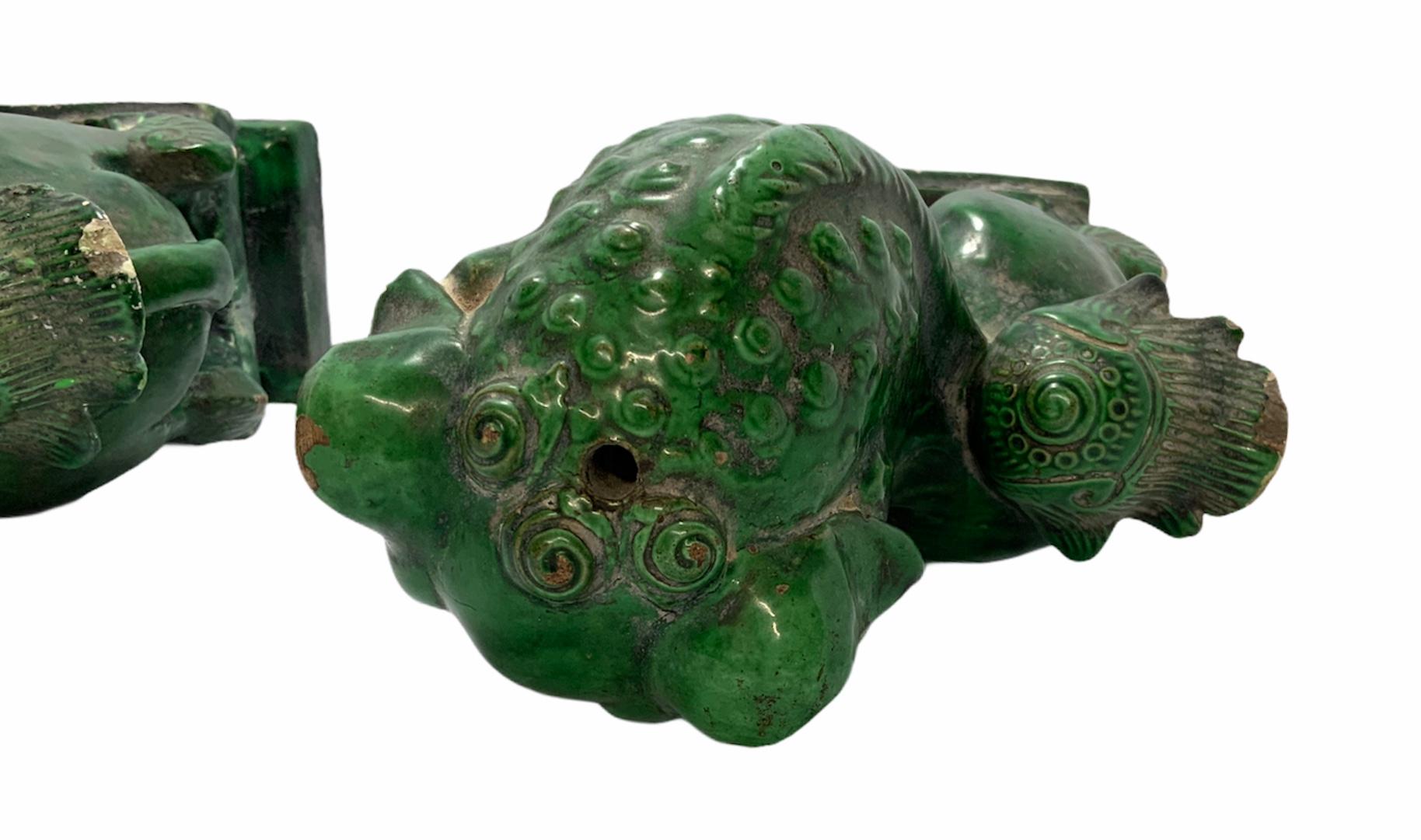 Pair of Chinese Green Ceramic Foo Dogs or Guardian Lions 2