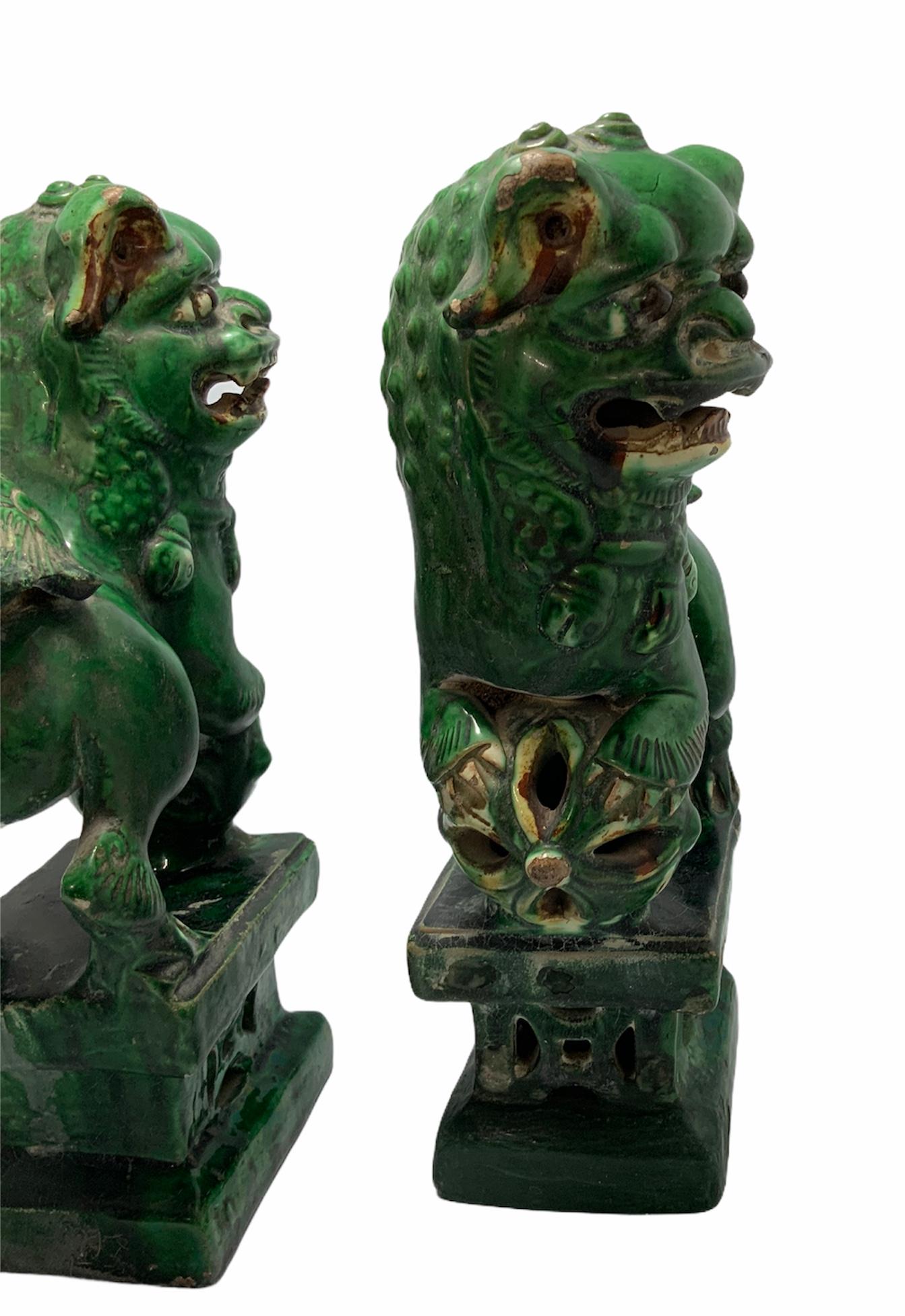Pair of Chinese Green Ceramic Foo Dogs or Guardian Lions 3