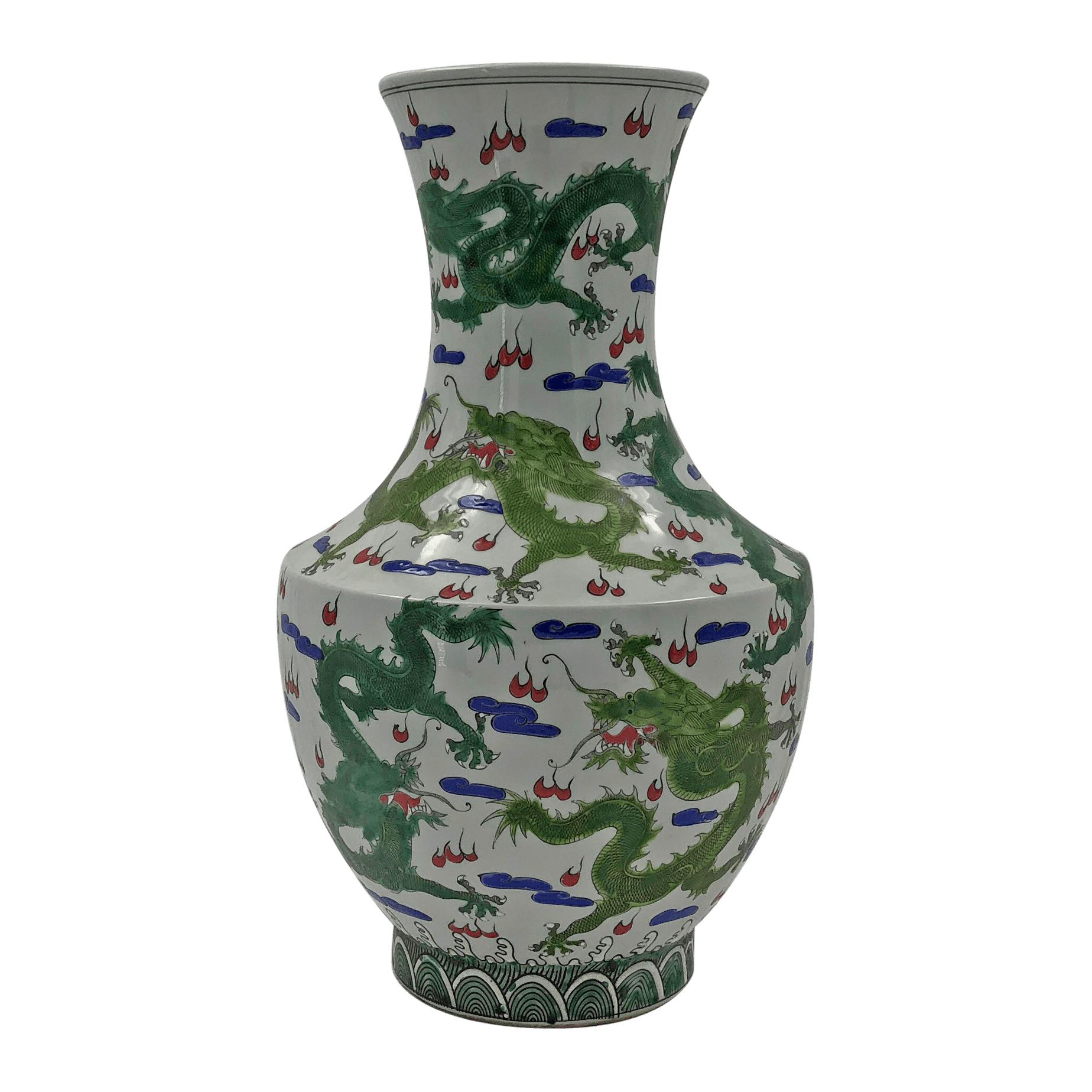 Chinese Export Pair of Chinese Green Dragon Hu-Shaped Vases