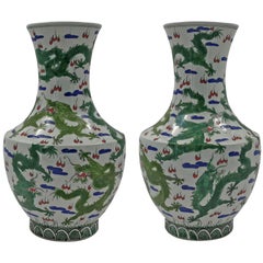 Pair of Chinese Green Dragon Hu-Shaped Vases