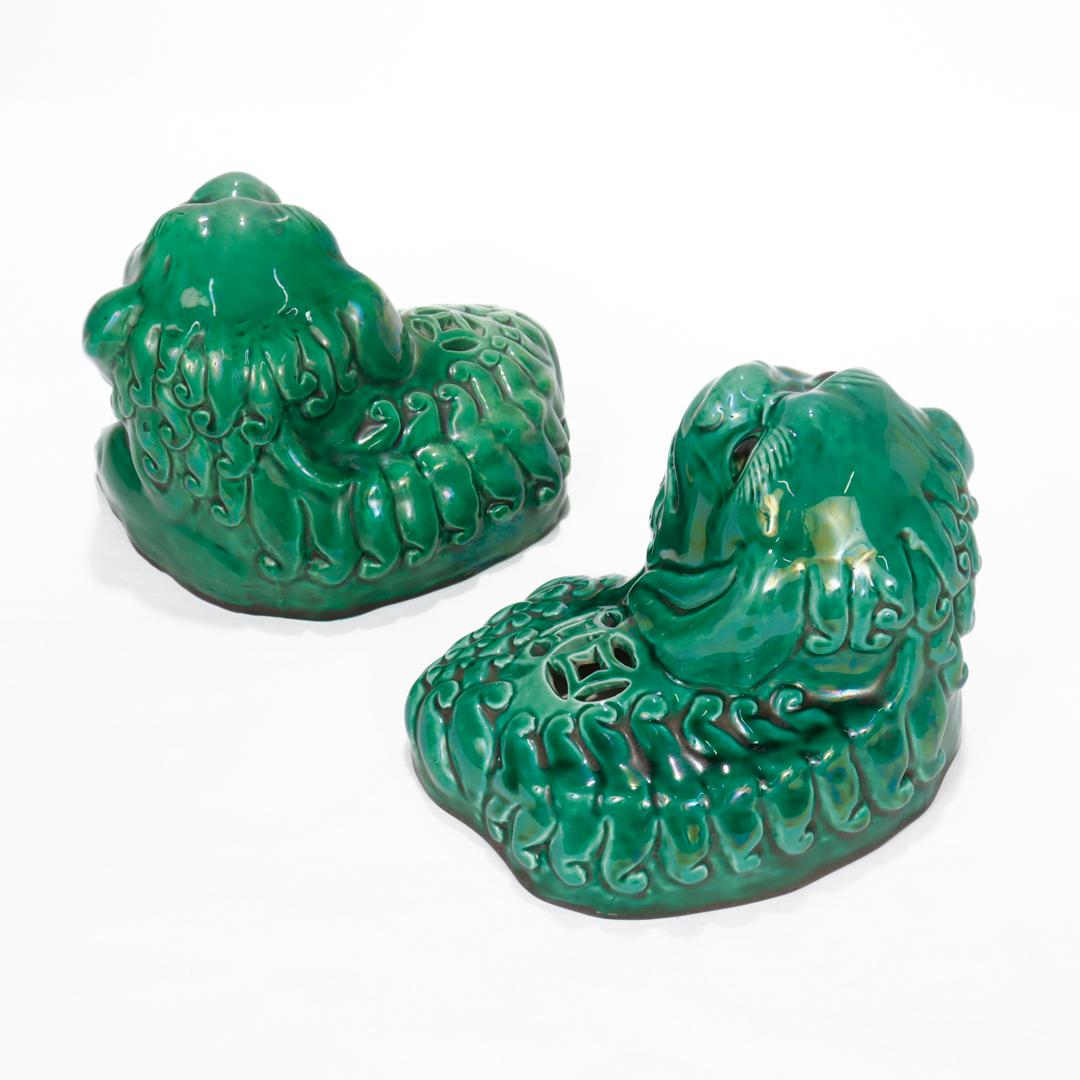 Pair of Chinese Green Glazed Pottery Recumbent Foo Dog Figurines For Sale 1