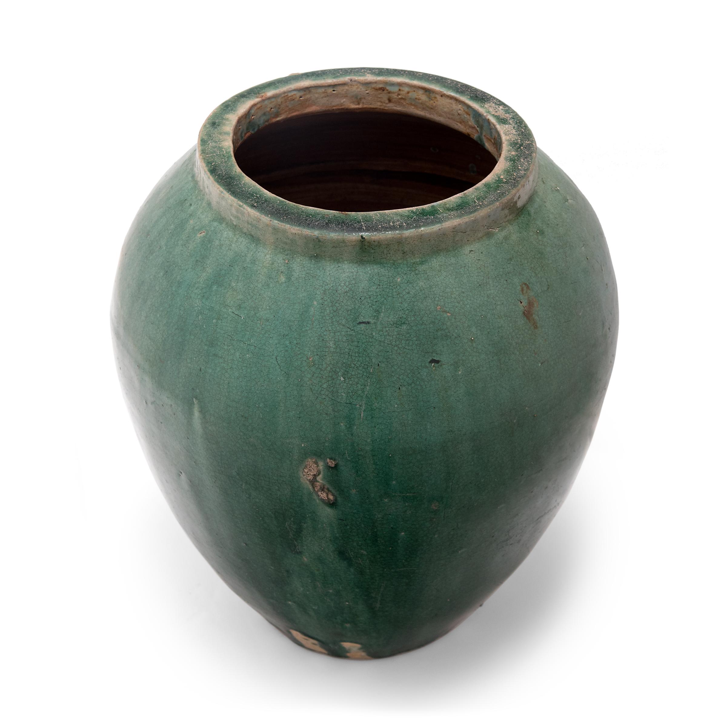 Ceramic Pair of Chinese Green Glazed Storage Jars, c. 1900