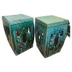 Pair of Chinese Green Glazed  Terracotta Garden Seats