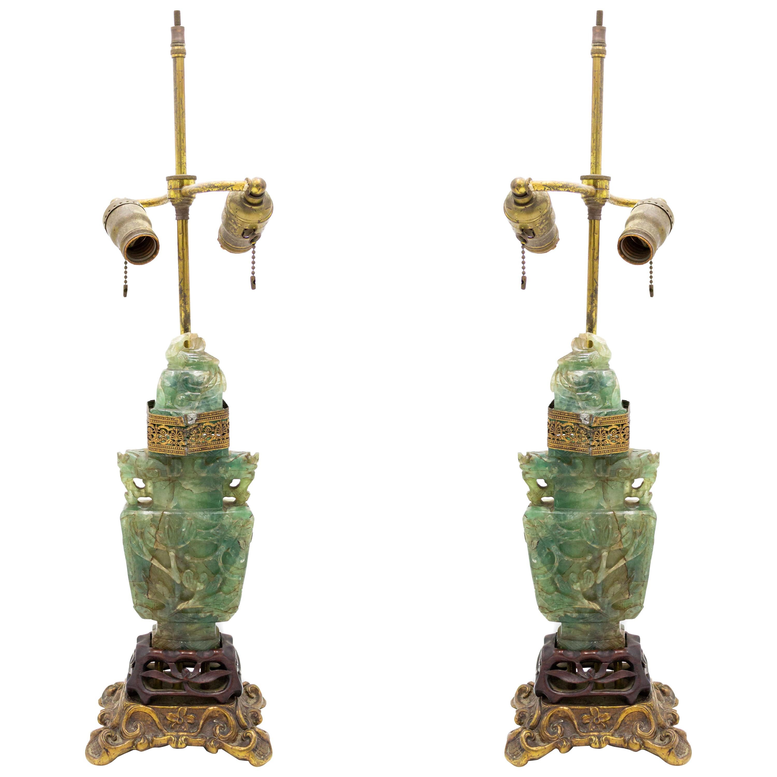 Pair of Chinese Green Hardstone Lamps