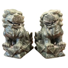 Pair of Chinese Green Marble Foo Dog Guardian Lion Bookends Sculptures, 1970s