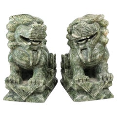 Pair of Chinese Green Marble Foo Dog Guardian Lion Bookends Sculptures, 1970s