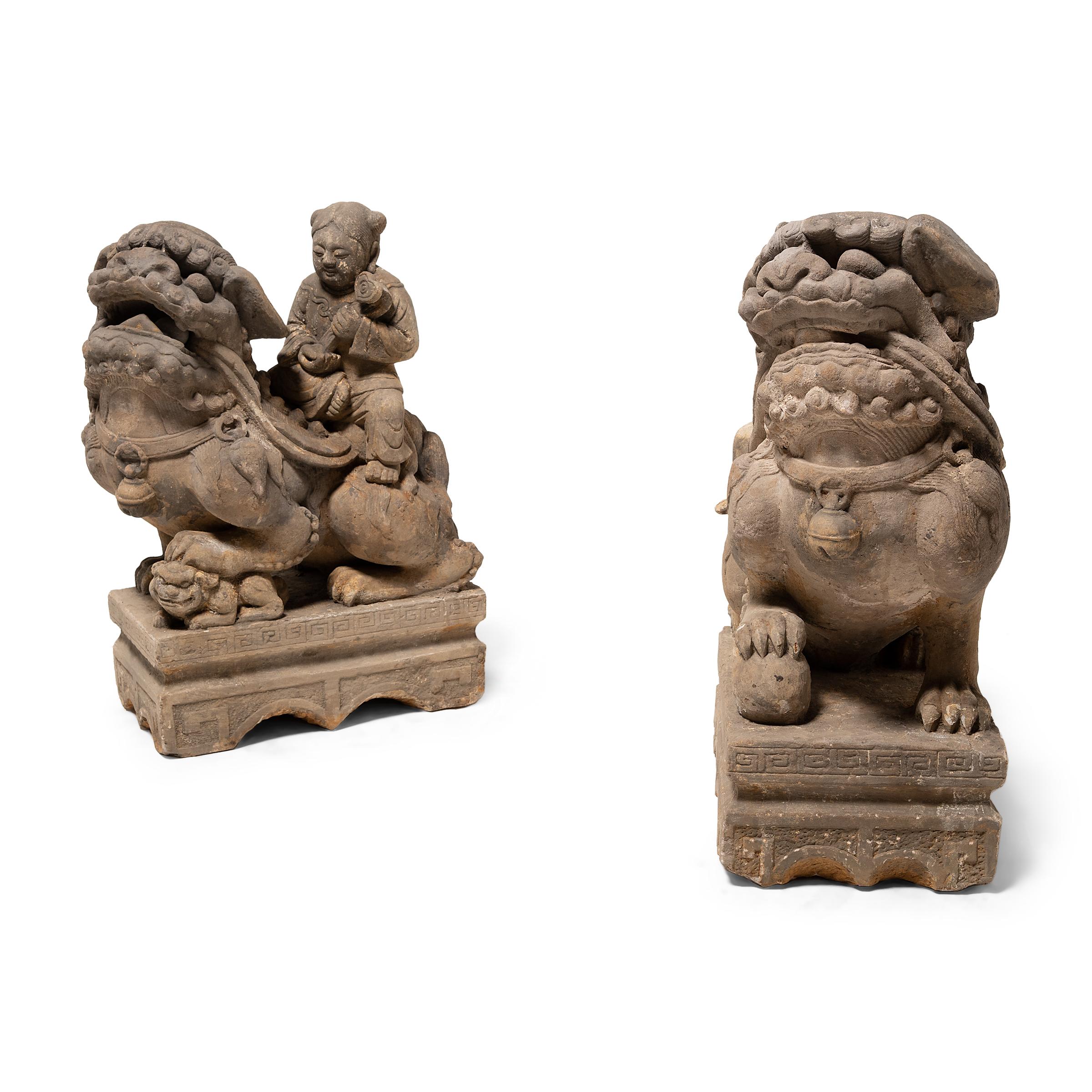 Qing Pair of Chinese Guardian Fu Lions with Riders, c. 1850 For Sale