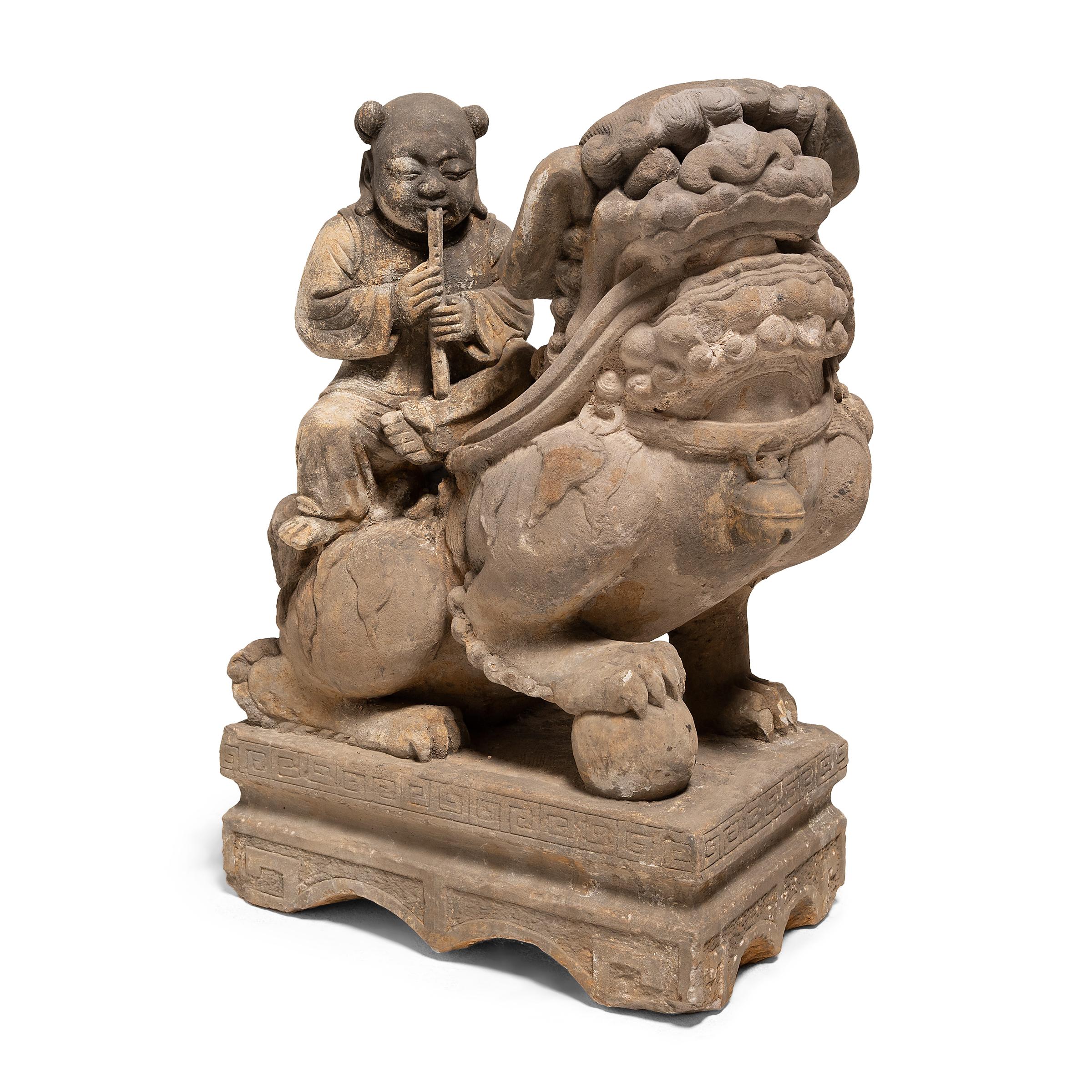 Pair of Chinese Guardian Fu Lions with Riders, c. 1850 In Good Condition For Sale In Chicago, IL