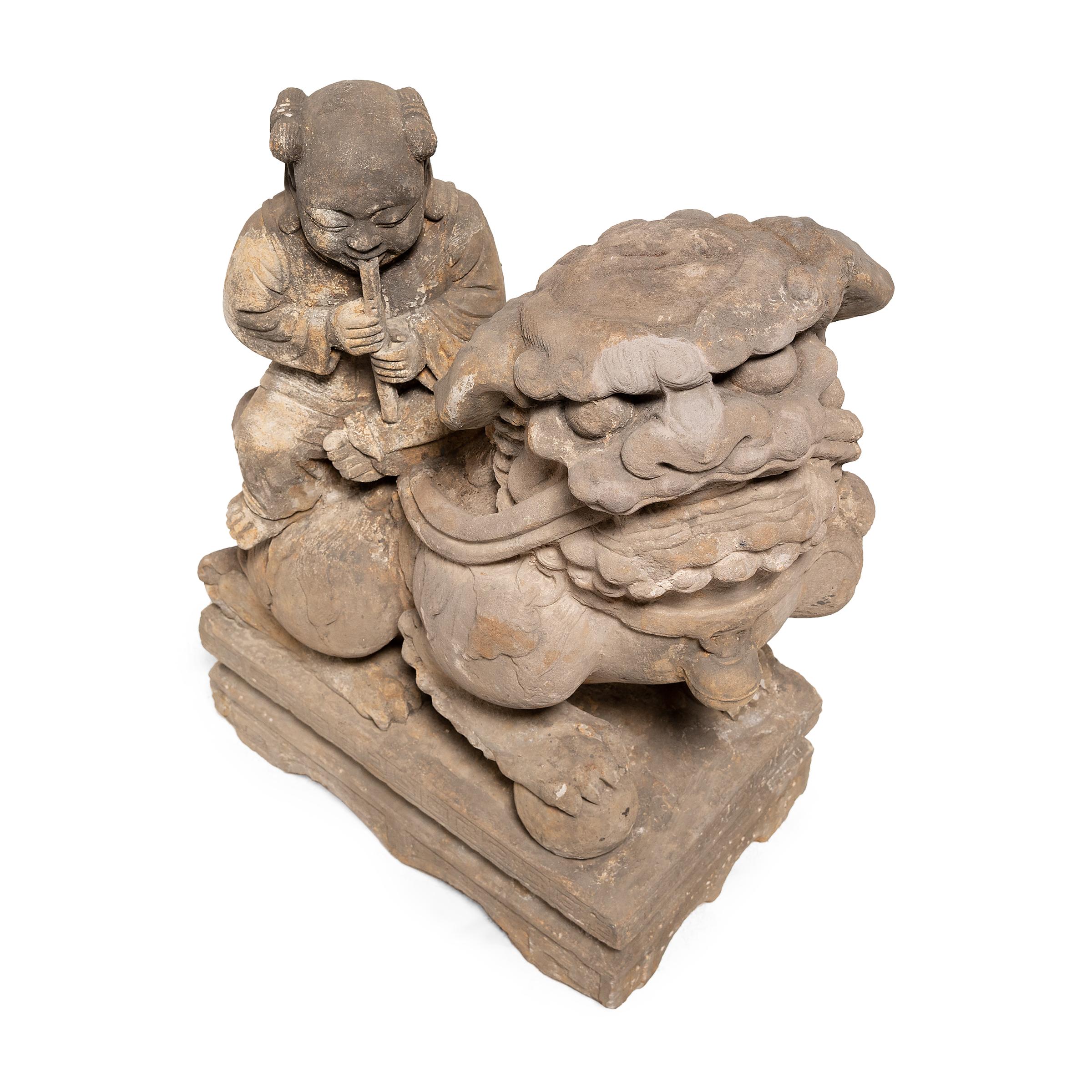 19th Century Pair of Chinese Guardian Fu Lions with Riders, c. 1850 For Sale