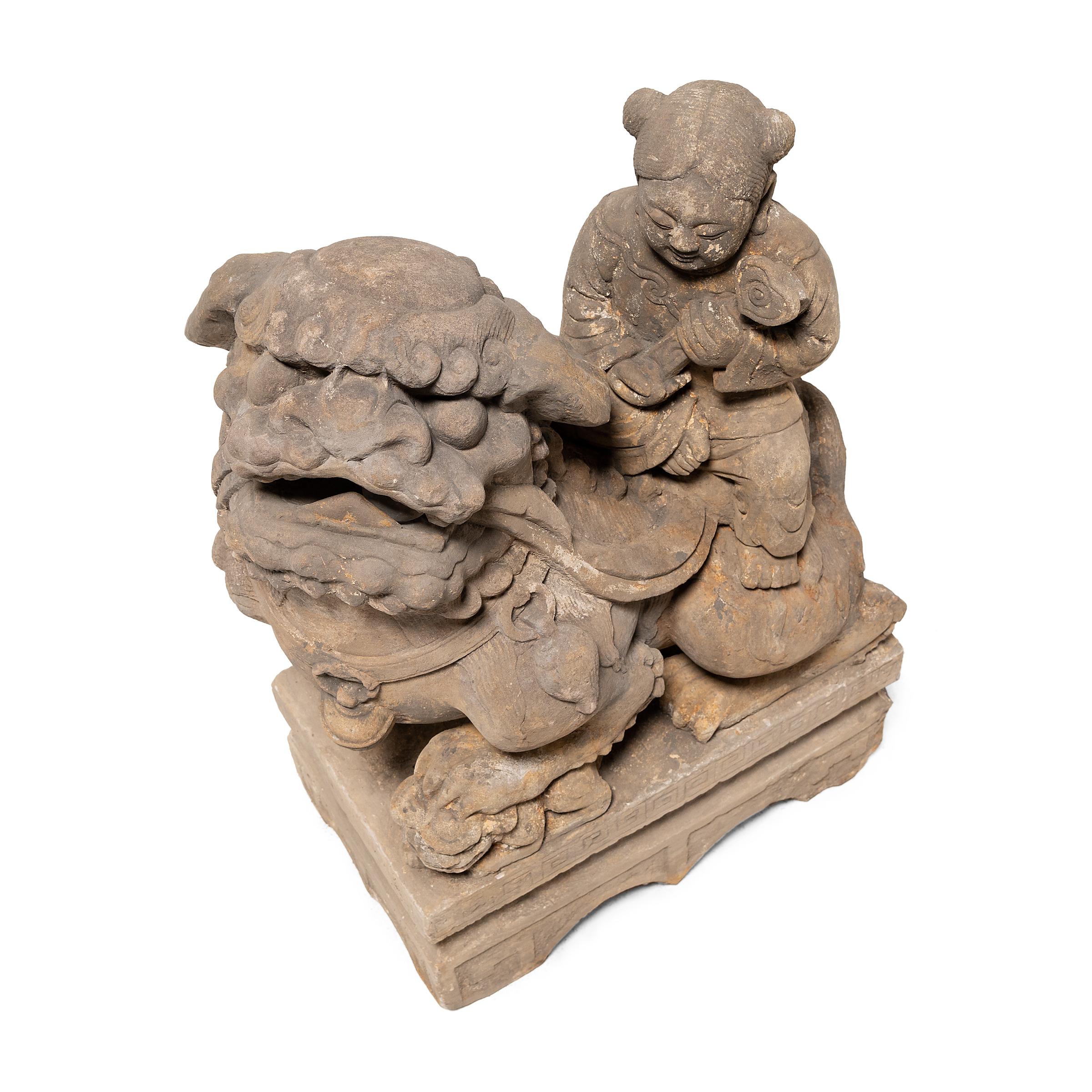 Limestone Pair of Chinese Guardian Fu Lions with Riders, c. 1850 For Sale