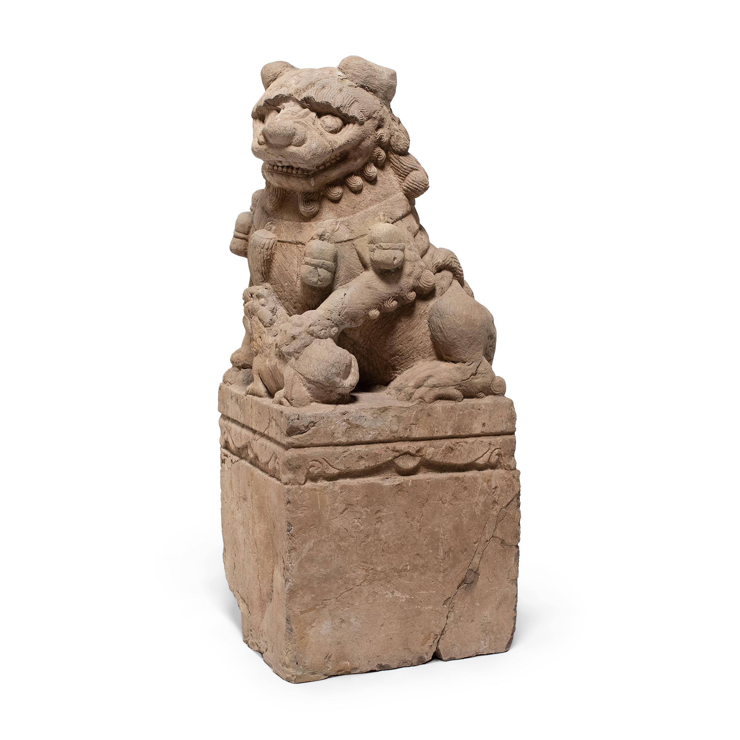Hand-Carved Pair of Chinese Guardian Lion Dogs, c. 1850 For Sale