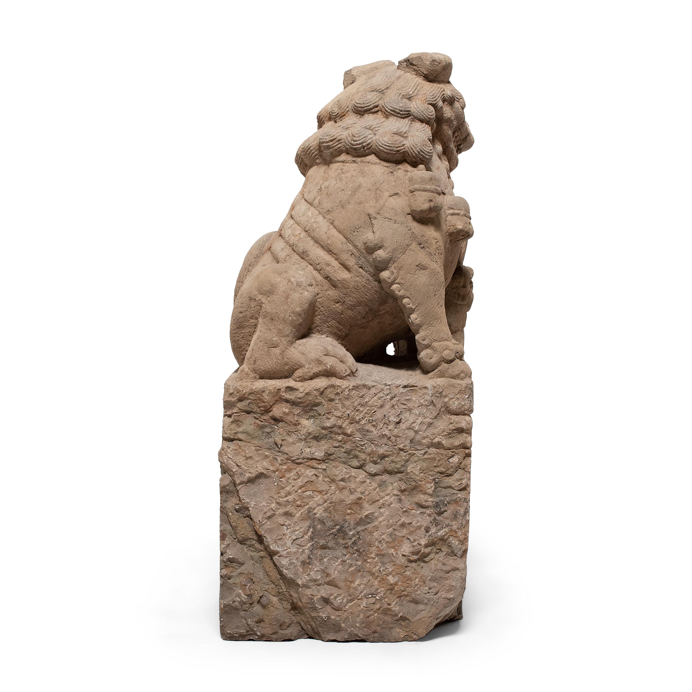 Limestone Pair of Chinese Guardian Lion Dogs, c. 1850 For Sale