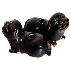 Pair of Chinese Guardian Lions, Brown Glazed Ceramic, 19th Century