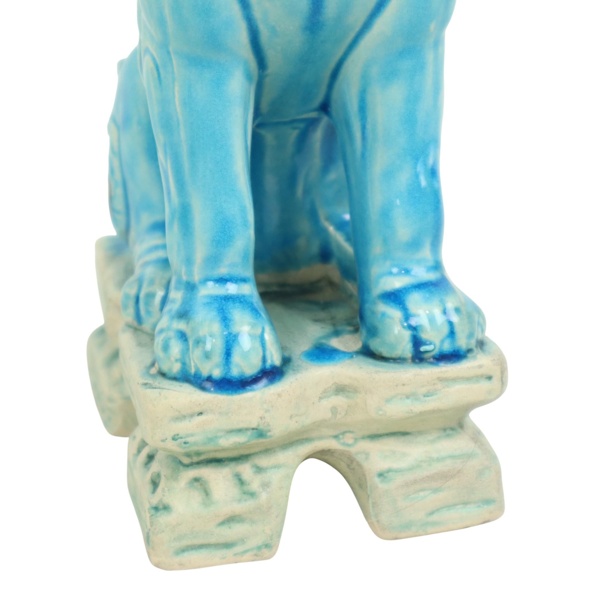 Paar chinesische Wächterlöwen Foo Hunde Blau Keramik im Angebot 3