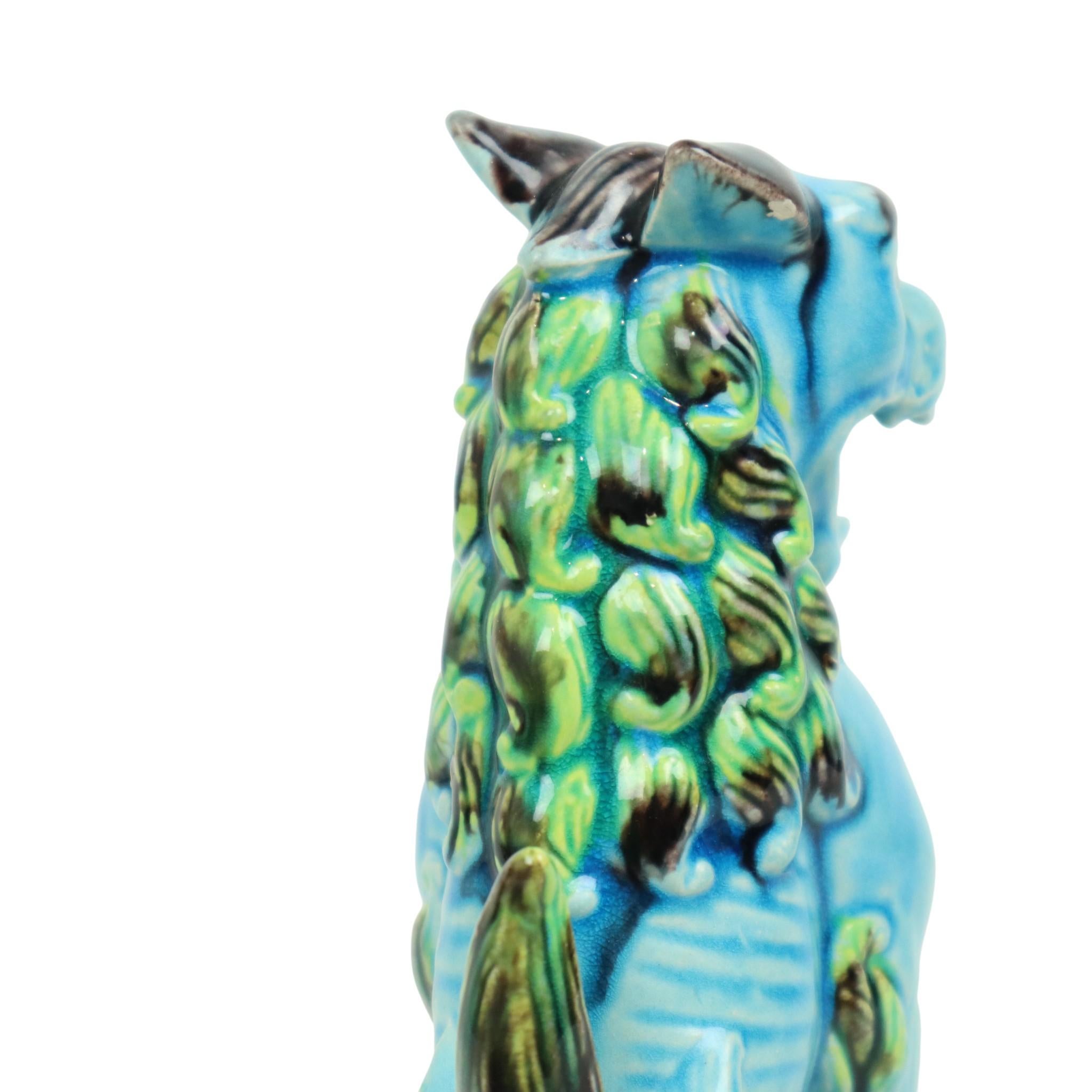 Paar chinesische Wächterlöwen Foo Hunde Blau Keramik im Angebot 4