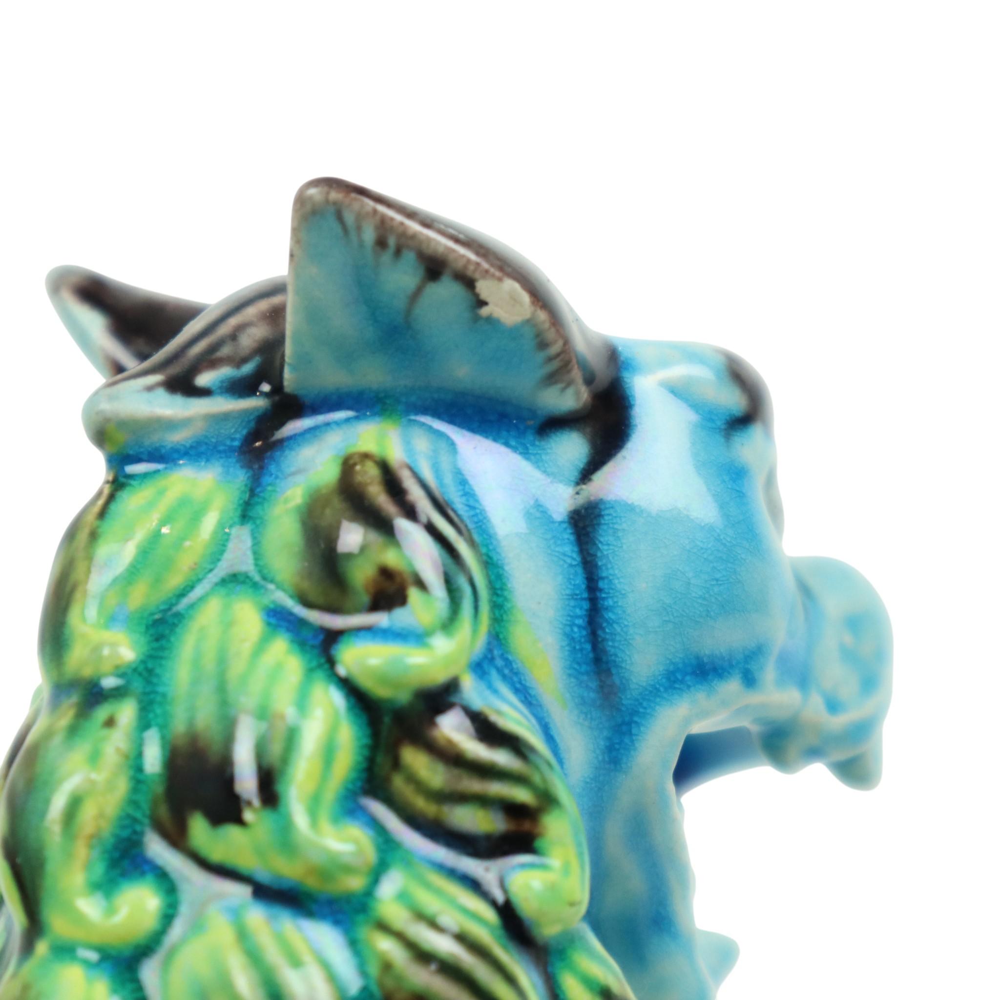 Paar chinesische Wächterlöwen Foo Hunde Blau Keramik im Angebot 6